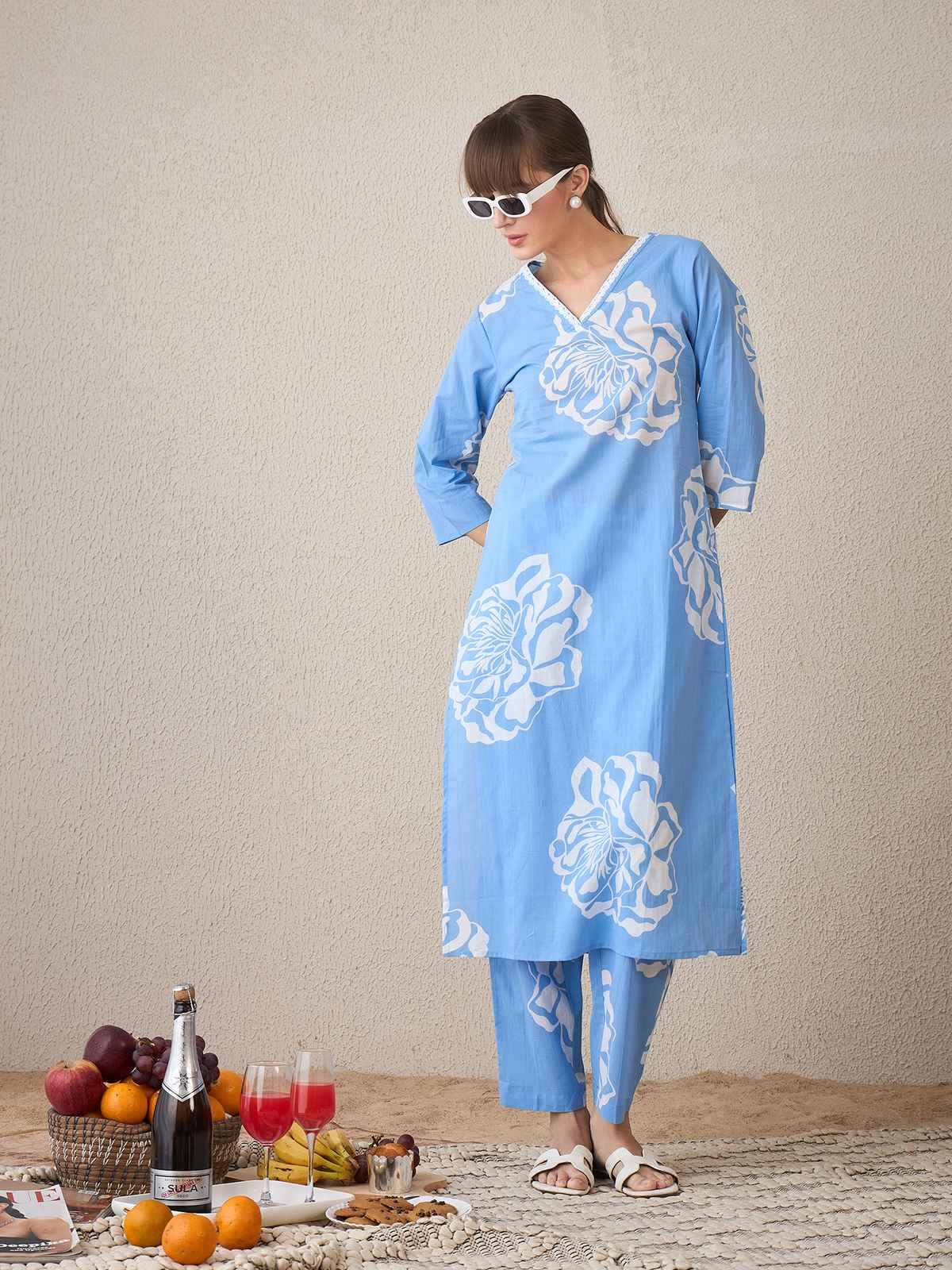 Indo Era Women's Pure Cotton Floral Printed Kurta & Pant Set | Blue - XL