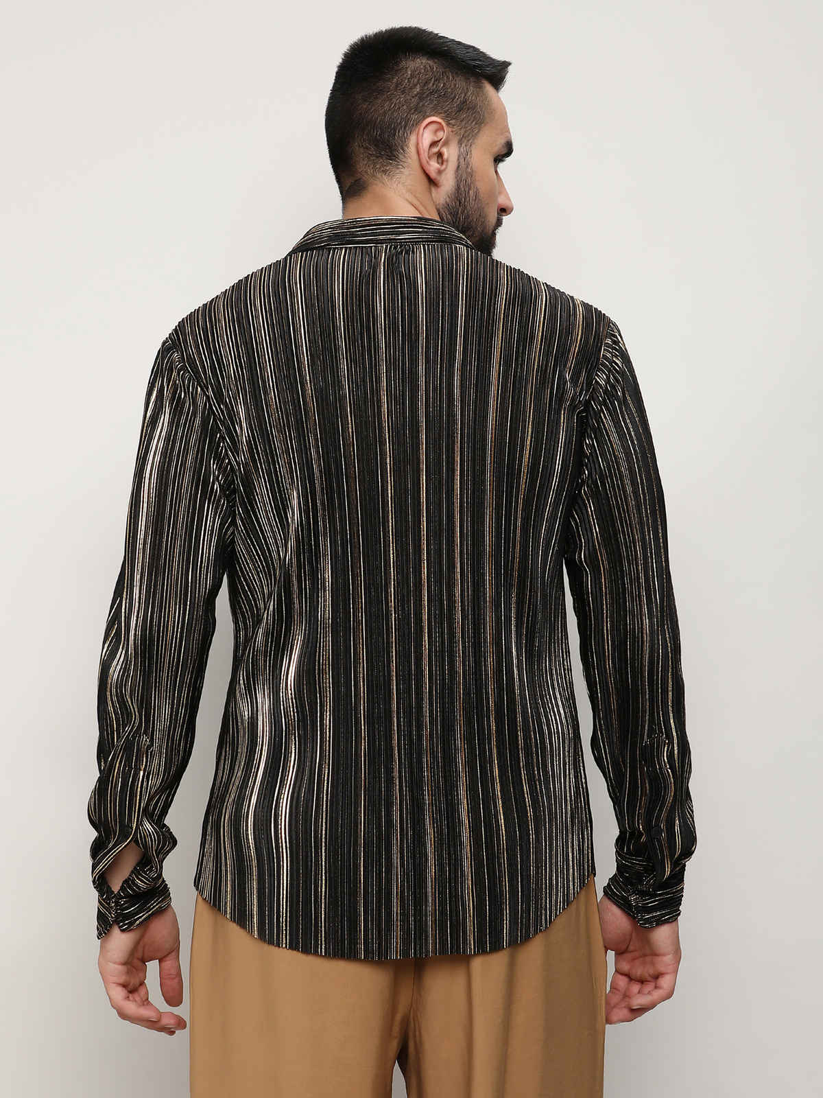 Campus Sutra Men's Pleat - Creased Shirt | Jet Black & Metallic Gold - S