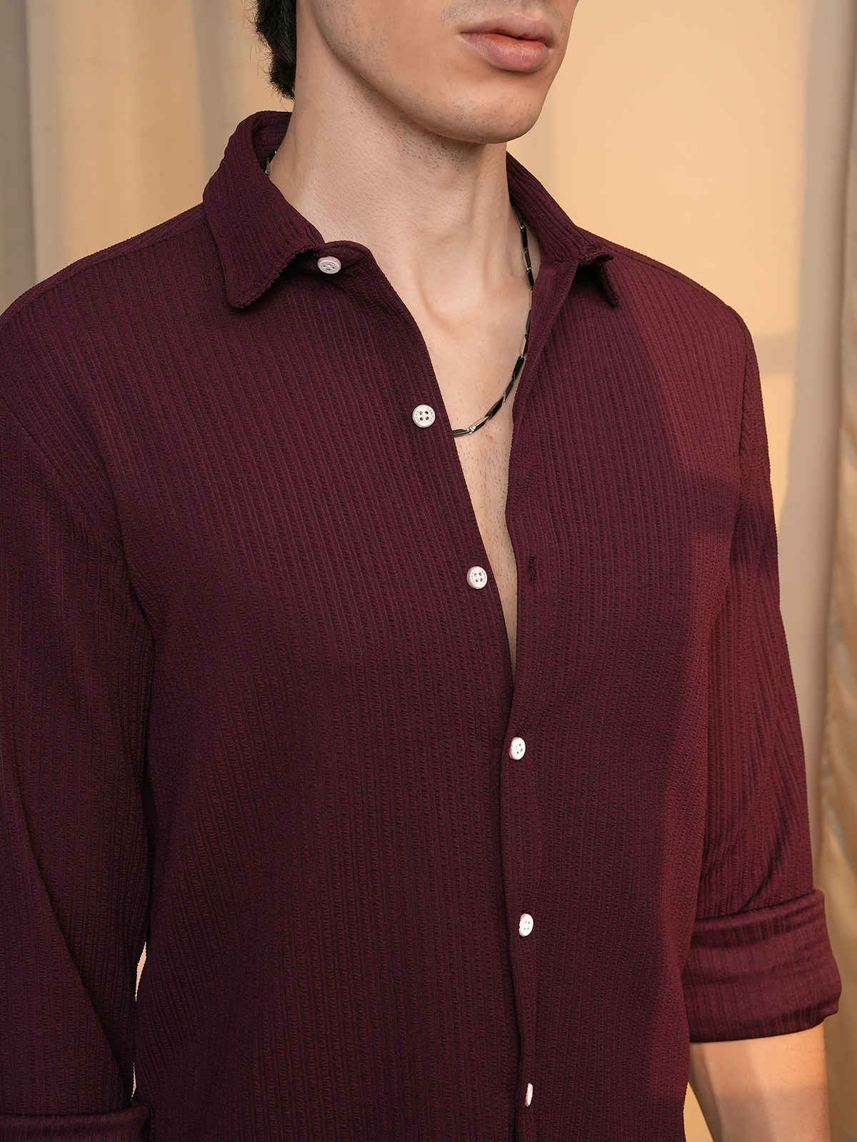 Campus Sutra Men's Stripe-Creased Shirt | Maroon Red - S