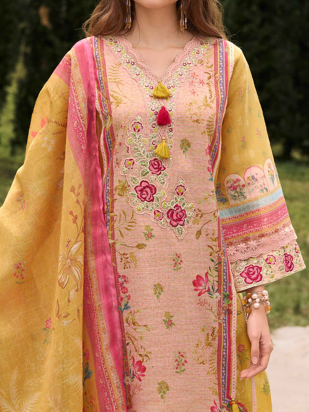 Indo Era Women's Linen Floral Printed Kurta & Pant With Dupatta Set | Mustard - L