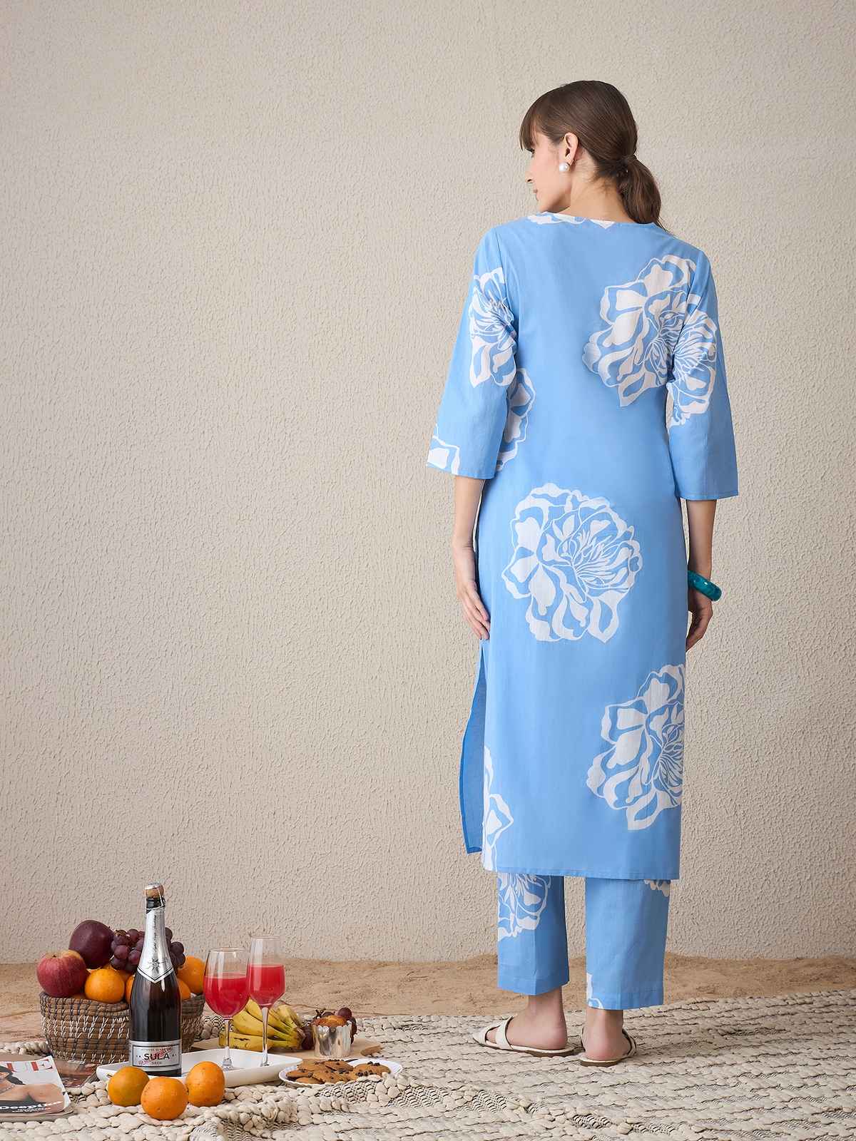 Indo Era Women's Pure Cotton Floral Printed Kurta & Pant Set | Blue - L