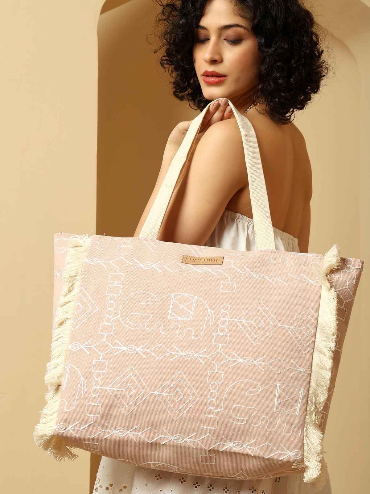 Ensac Sunshine Canvas Tote Bag for Women | Elephant Print Shoulder Bag | Daily Use | Pink