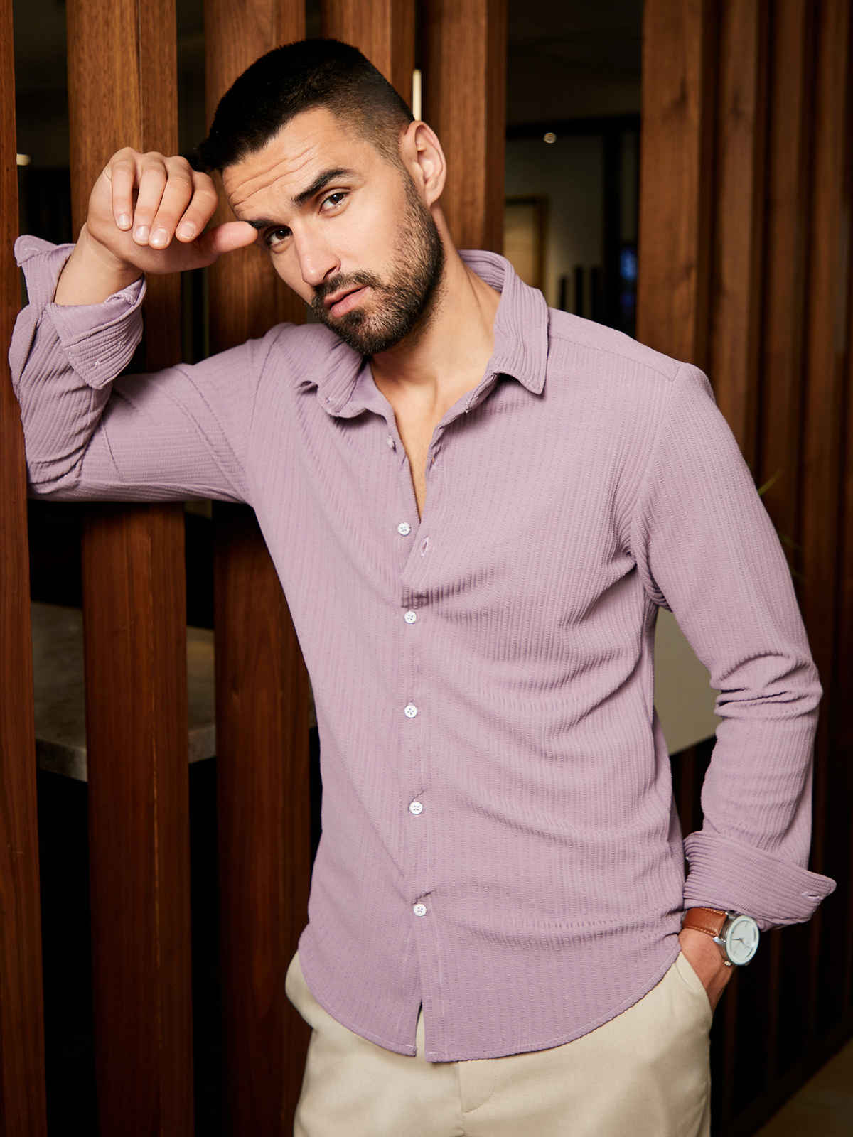 Campus Sutra Men's Stripe-Creased Shirt | Lavender - S