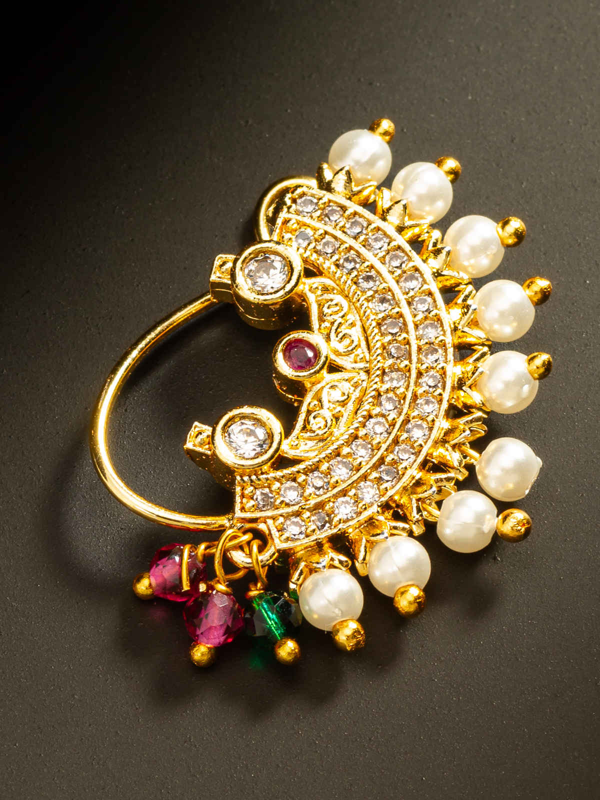 Aadita Classic Maharashtrian Nath with Full Pearl Edging and Ornamental Stones Nose Pin | NAT4136