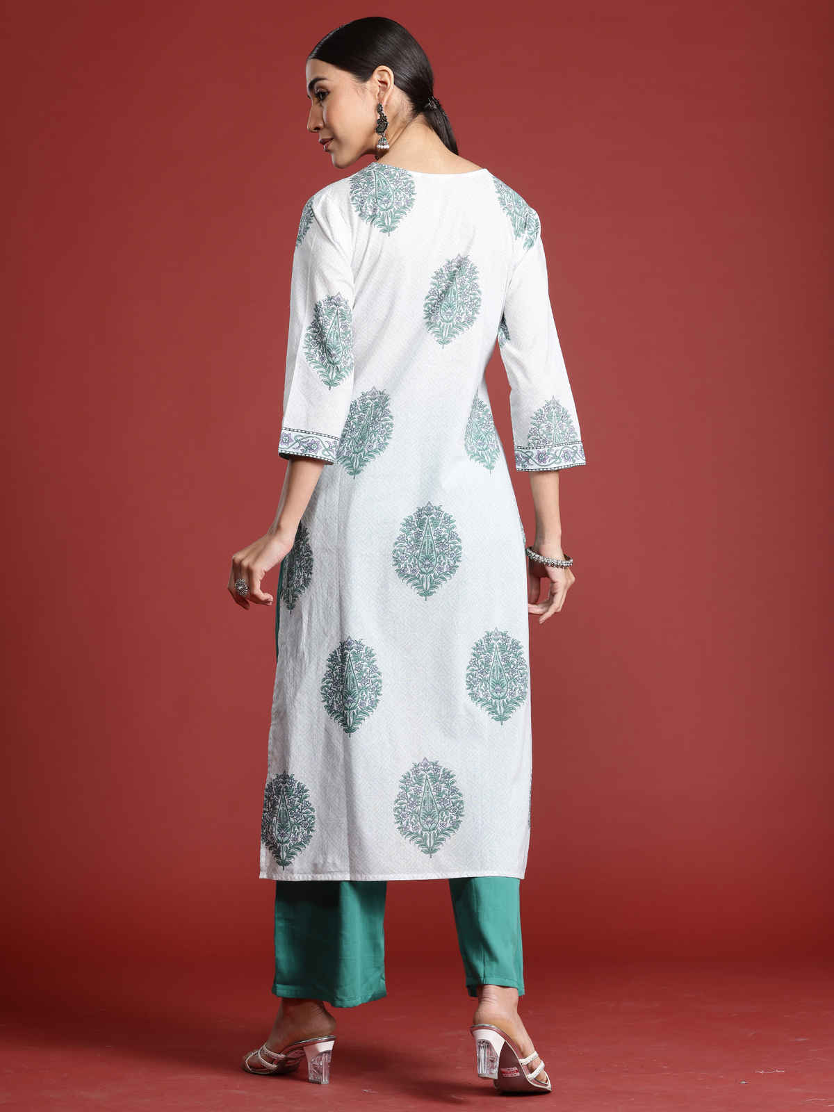 INDO ERA Women's Printed Straight Kurta | KT0WH10063 | White - M