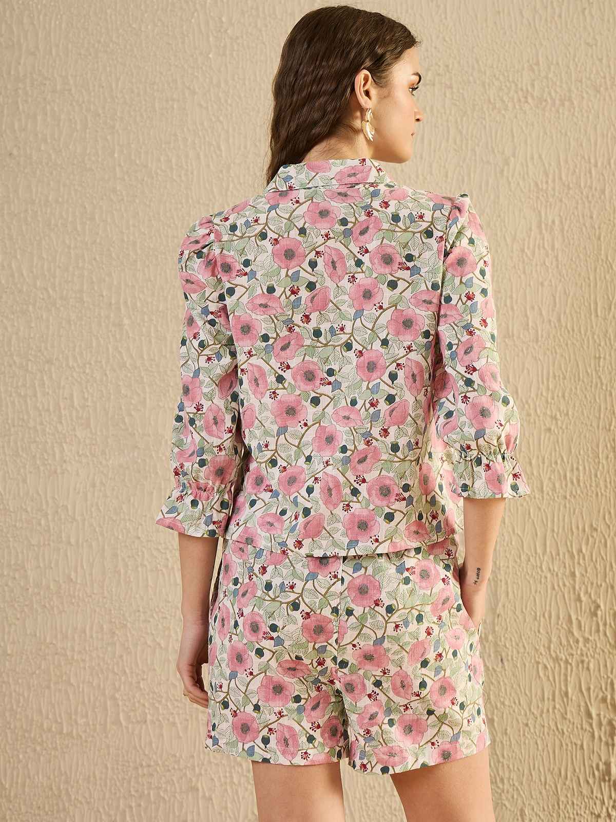 Sanskrutihomes Floral Printed Pure Cotton Shirt & Shorts for Women s | Pink | L