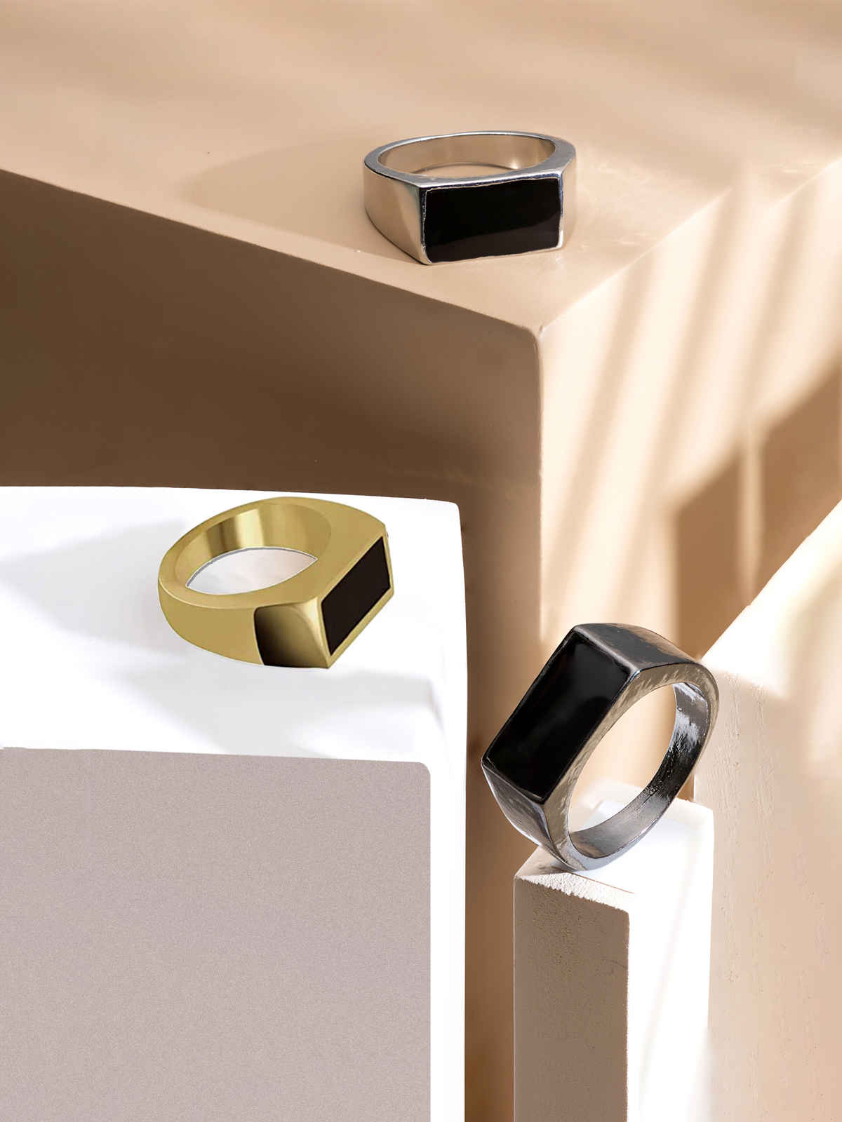 Yellow Chimes Set Of 3 Stainless Steel Rectangular Shaped Finger Rings