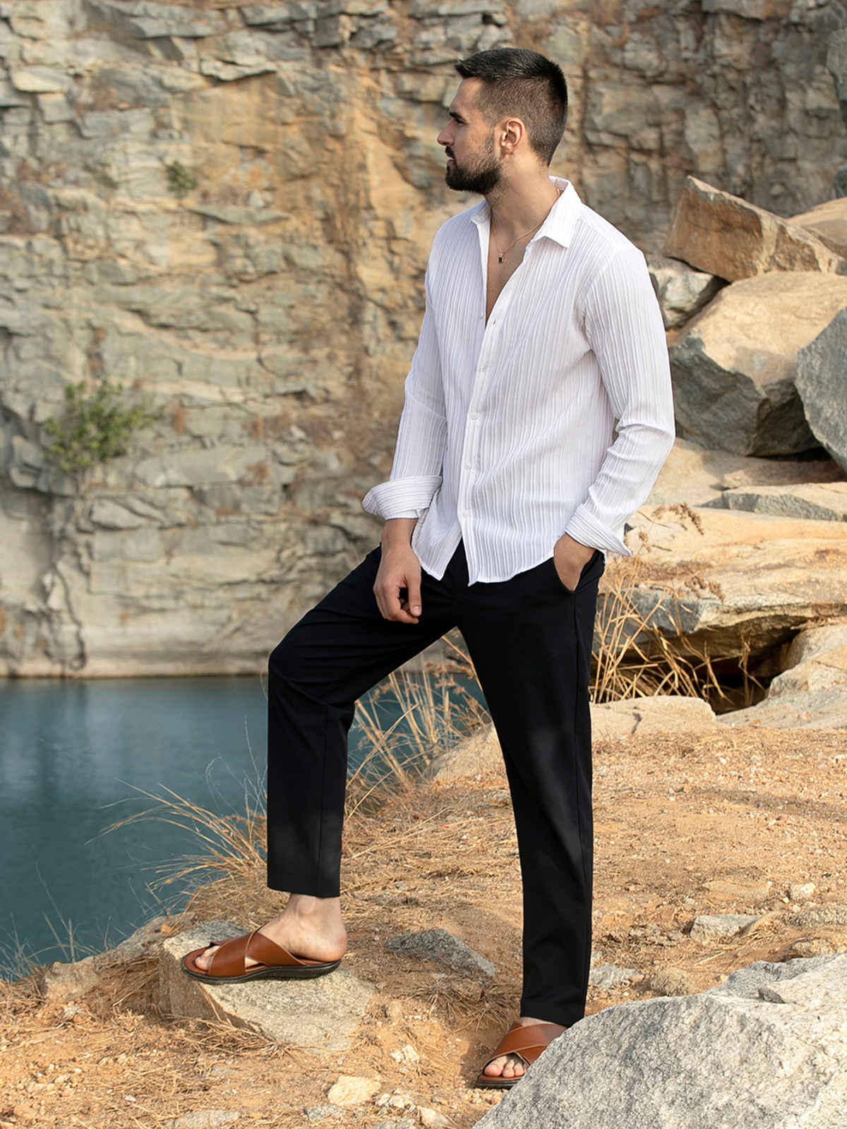 Campus Sutra Men's Self - Design Striped Shirt | White - XL