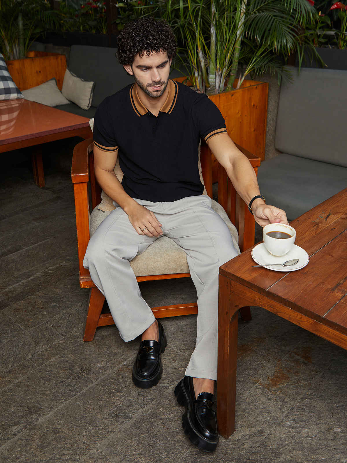 Campus Sutra Men's Cuboid-Stripe Polo T-Shirt | Onyx Black - S