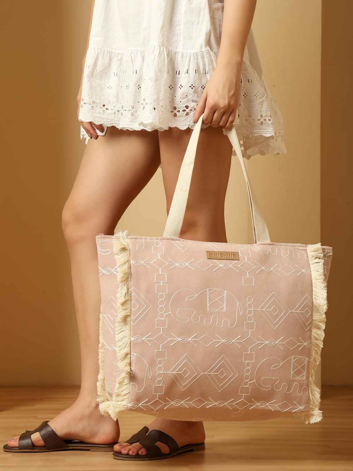 Ensac Sunshine Canvas Tote Bag for Women | Elephant Print Shoulder Bag | Daily Use | Pink