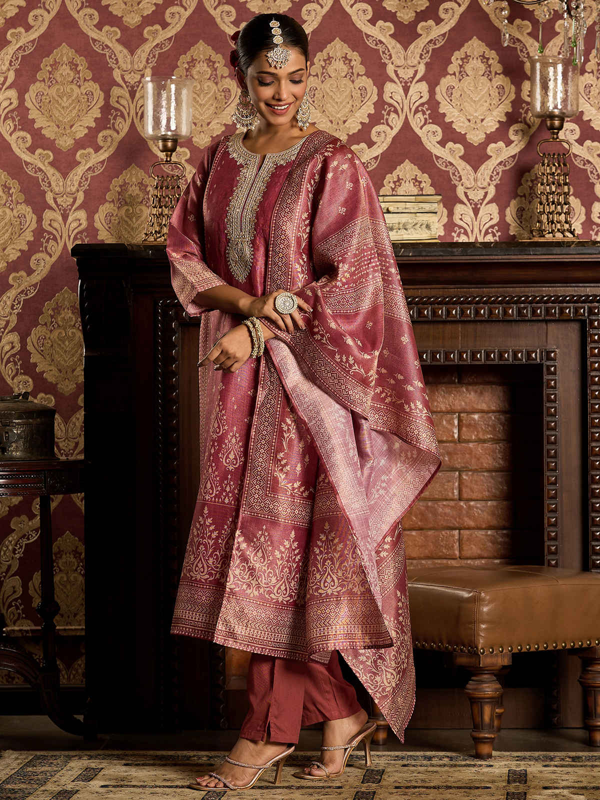 INDO ERA Women's Straight Kurta Pant with Dupatta Set | Pink | L