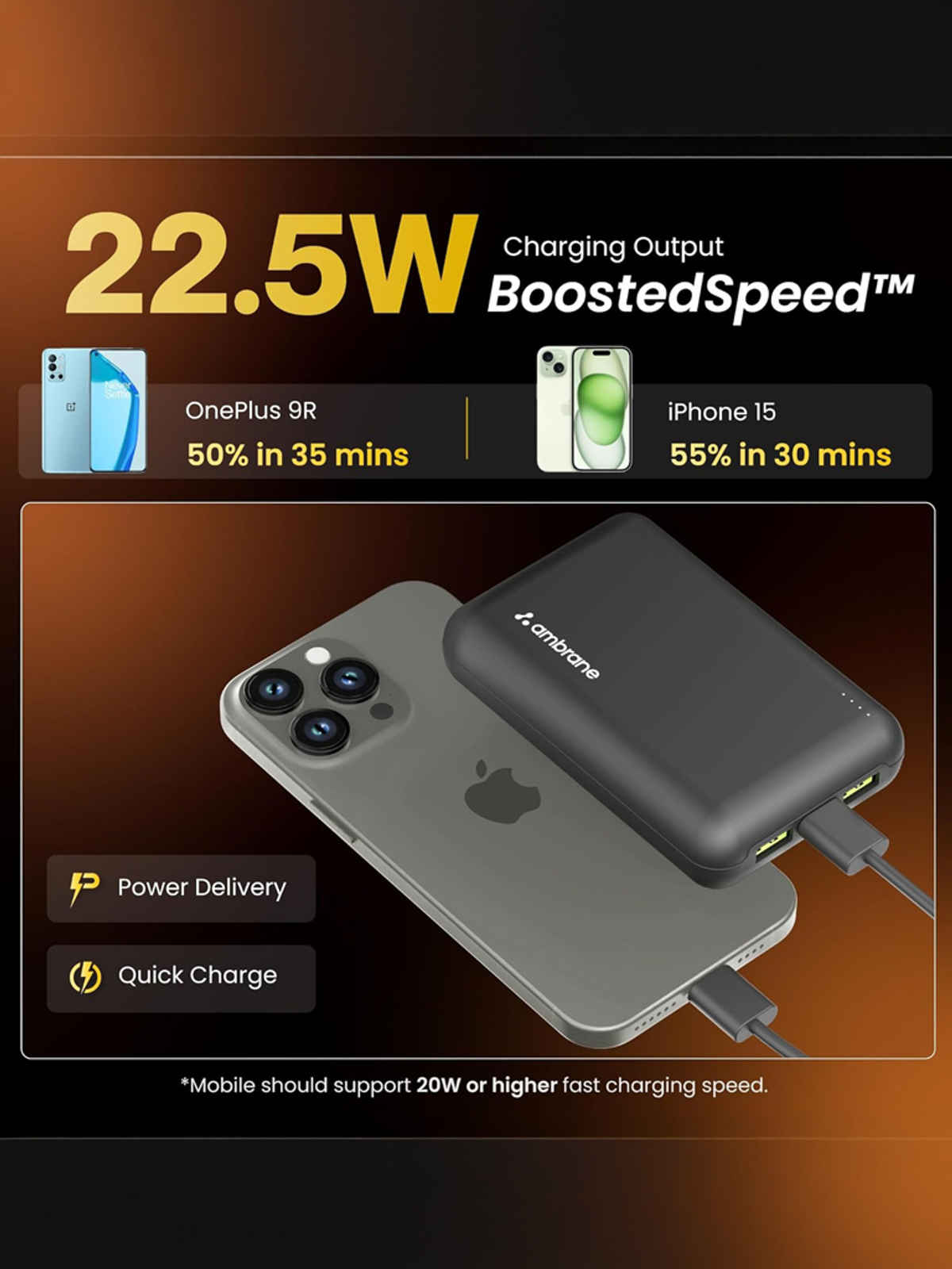 Ambrane 20000 mAh Mini Power Bank with 22.5W Fast Charging, Pocket Size, Triple Output, Type C PD (Input & Output), Li-Polymer, Made in India + Type C Cable (Powerlit XL Lite) - Yellow