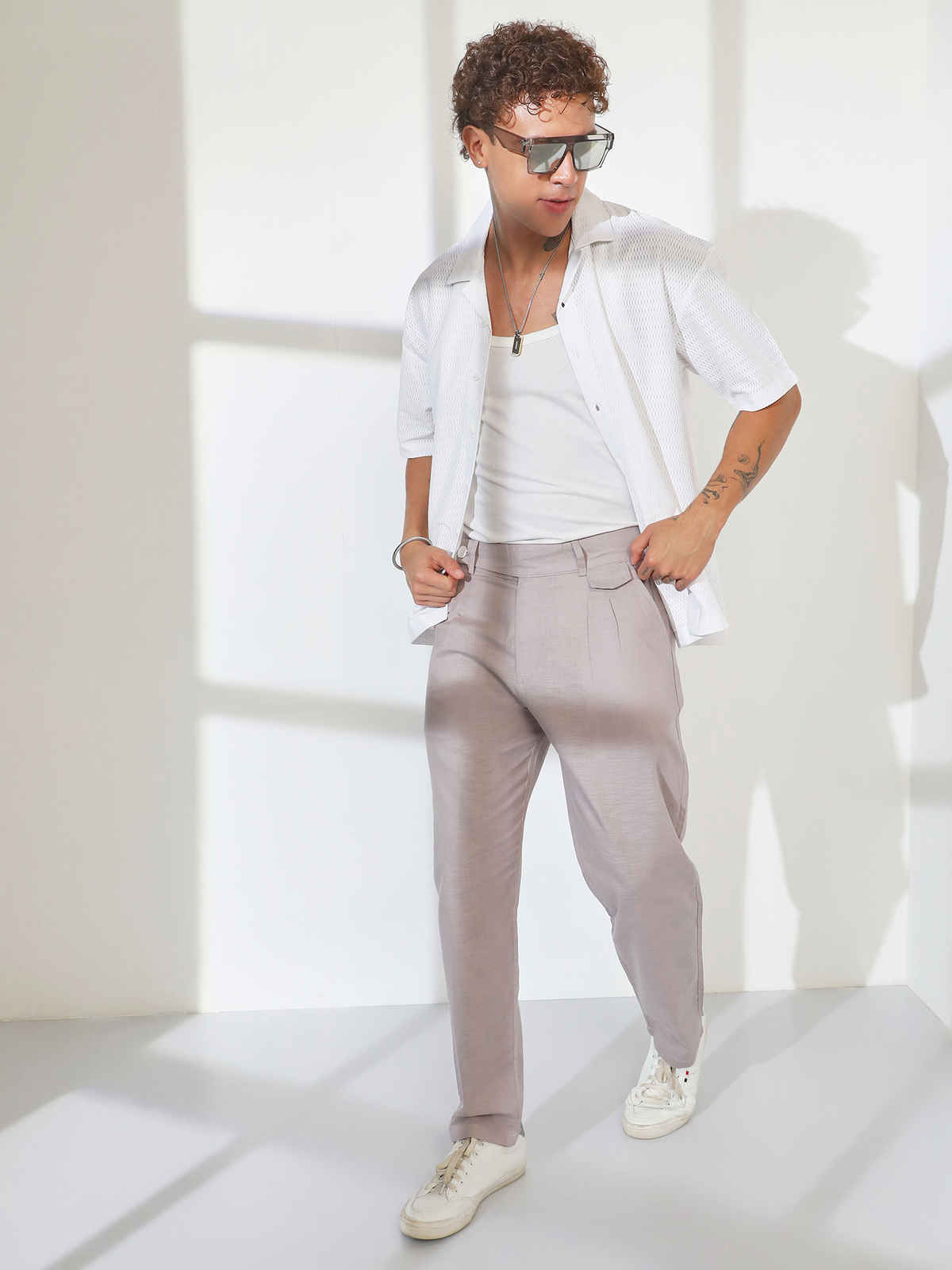 Campus Sutra Men's Tailored Linen-Blend Trousers | Grey - 36