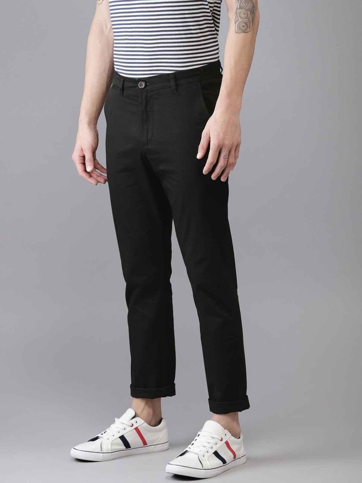 The Indian Garage Co Men's Slim Fit Solid Casual Chinos | Black - 36