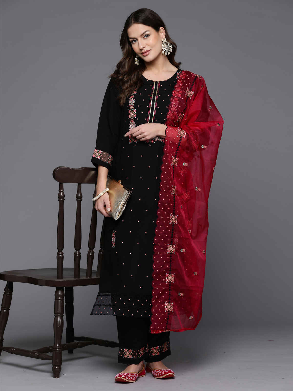 INDO ERA Women's Straight Kurta Pant with Dupatta set | Black | 2XL