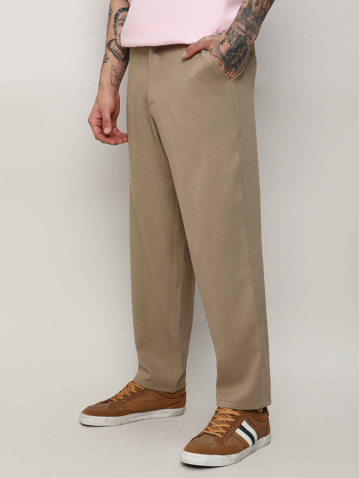 Campus Sutra Men's Solid Tailored Trousers | Brown Beige - 30
