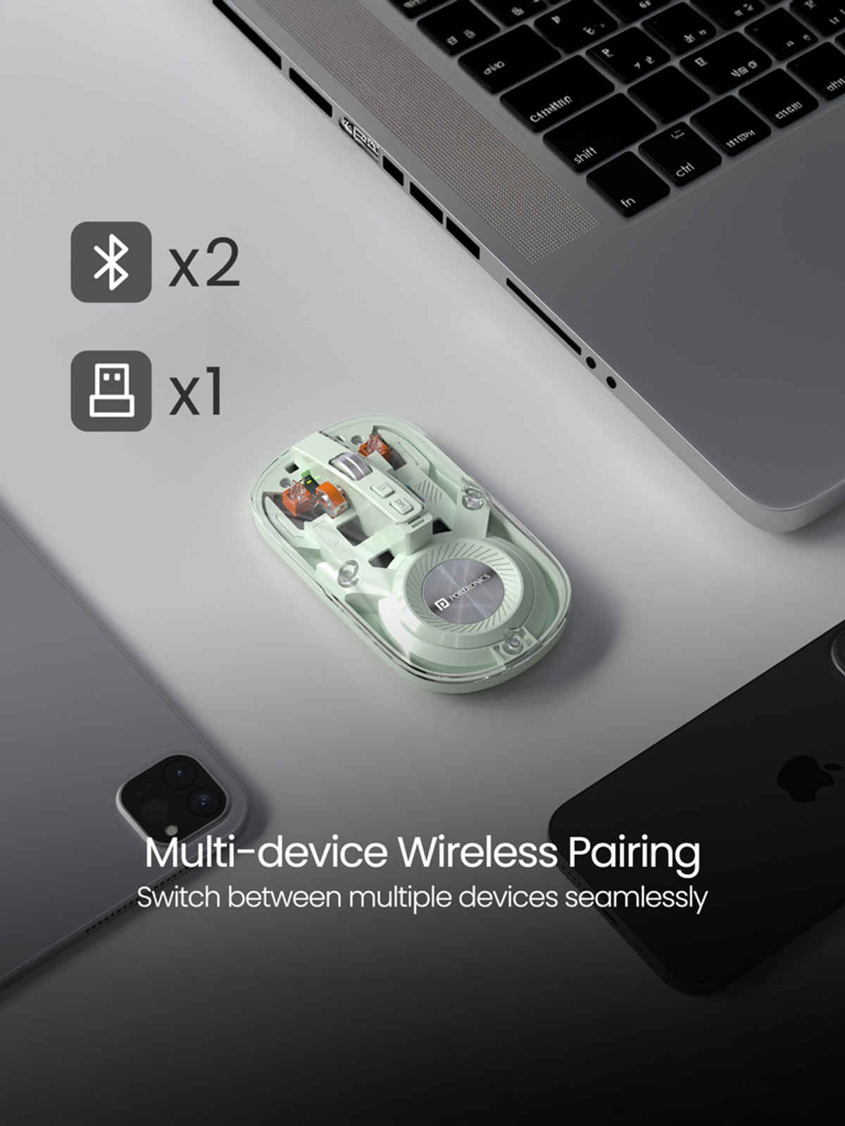 Portronics Toad 8 Transparent Wireless Bluetooth Mouse with Rechargeable Battery | Green