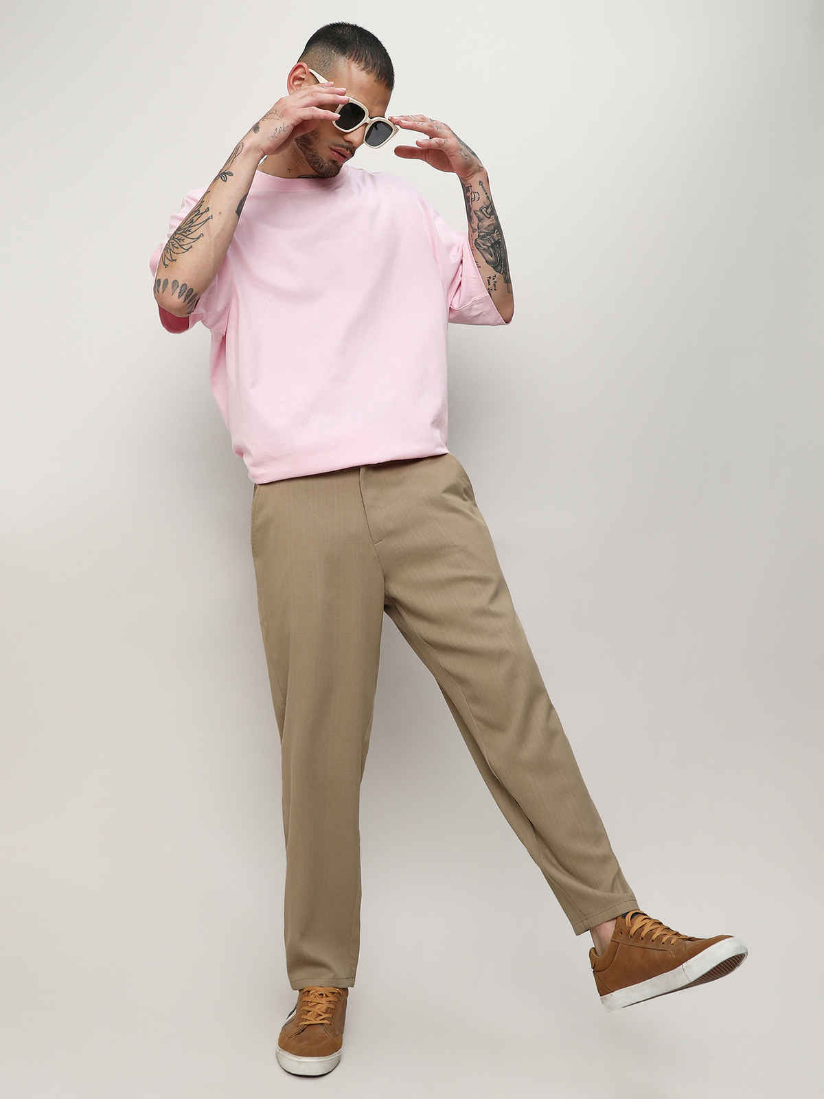 Campus Sutra Men's Solid Tailored Trousers | Brown Beige - 30