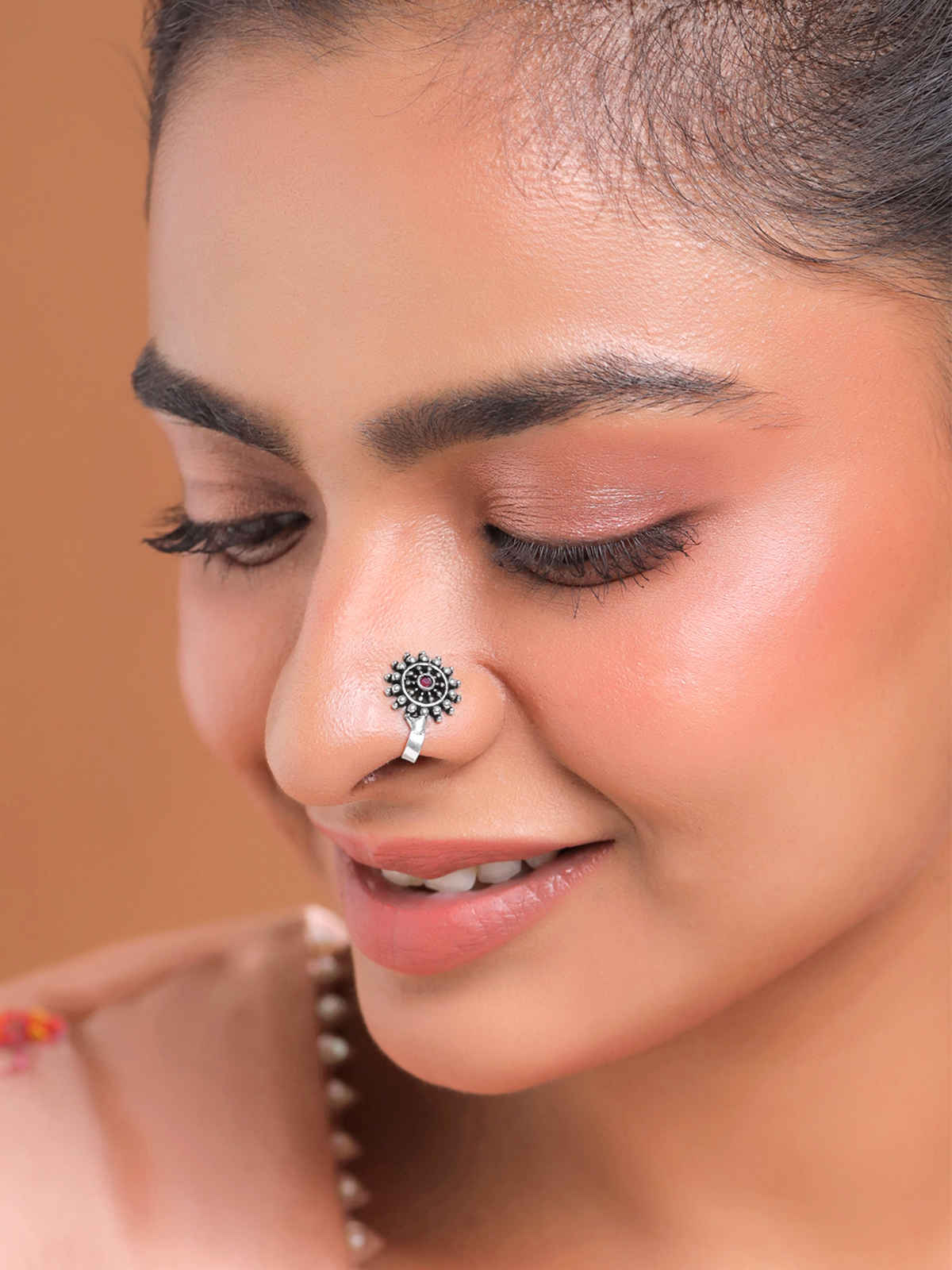 Yellow Chimes Traditional Silver Oxidised Nose Pin Set for Women