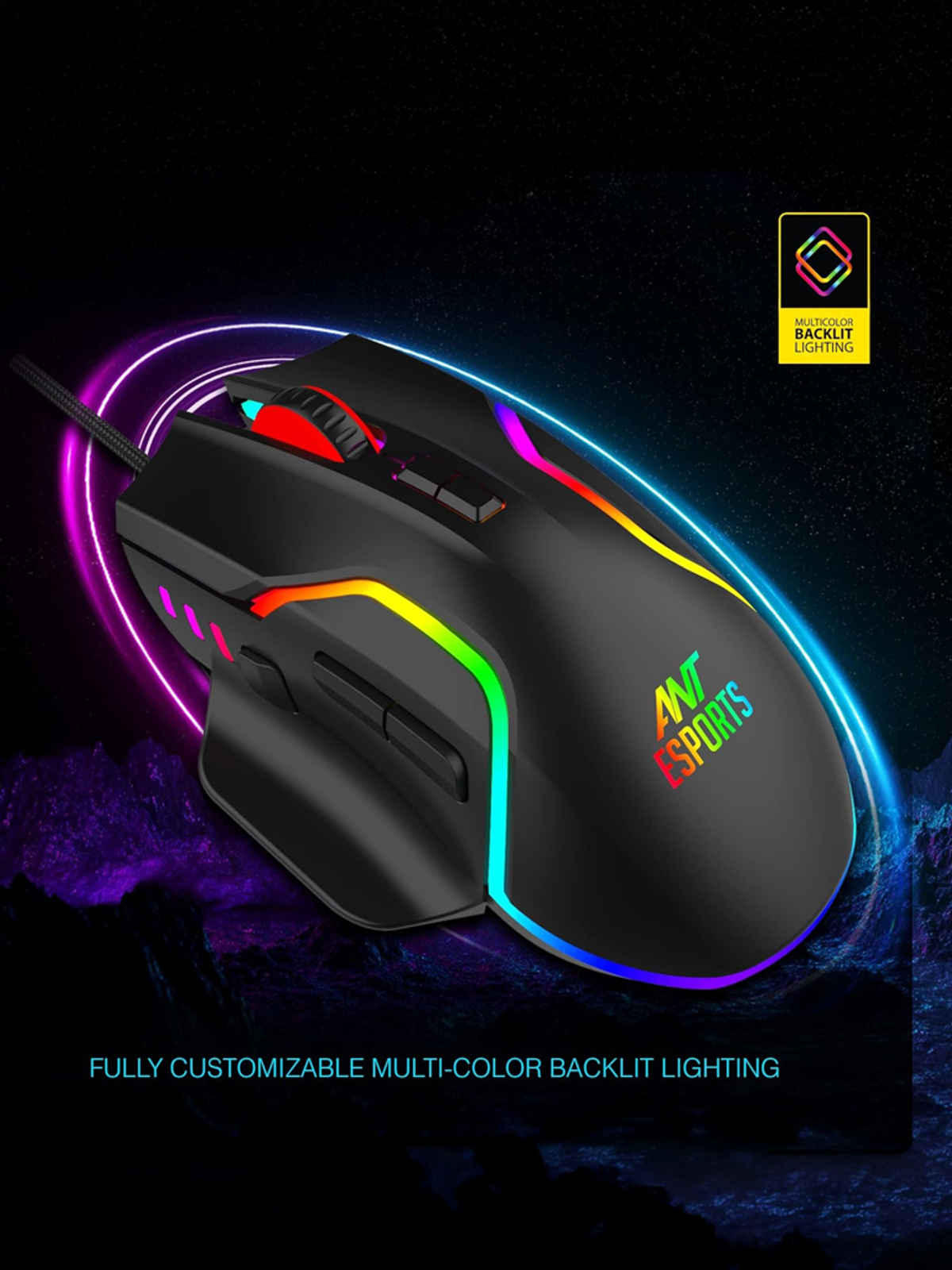 Ant Esports GM320 RGB Optical Wired Gaming Mouse | 8 Programmable Buttons | 12800 DPI I Ergonomic Design with Braided Cable - Black
