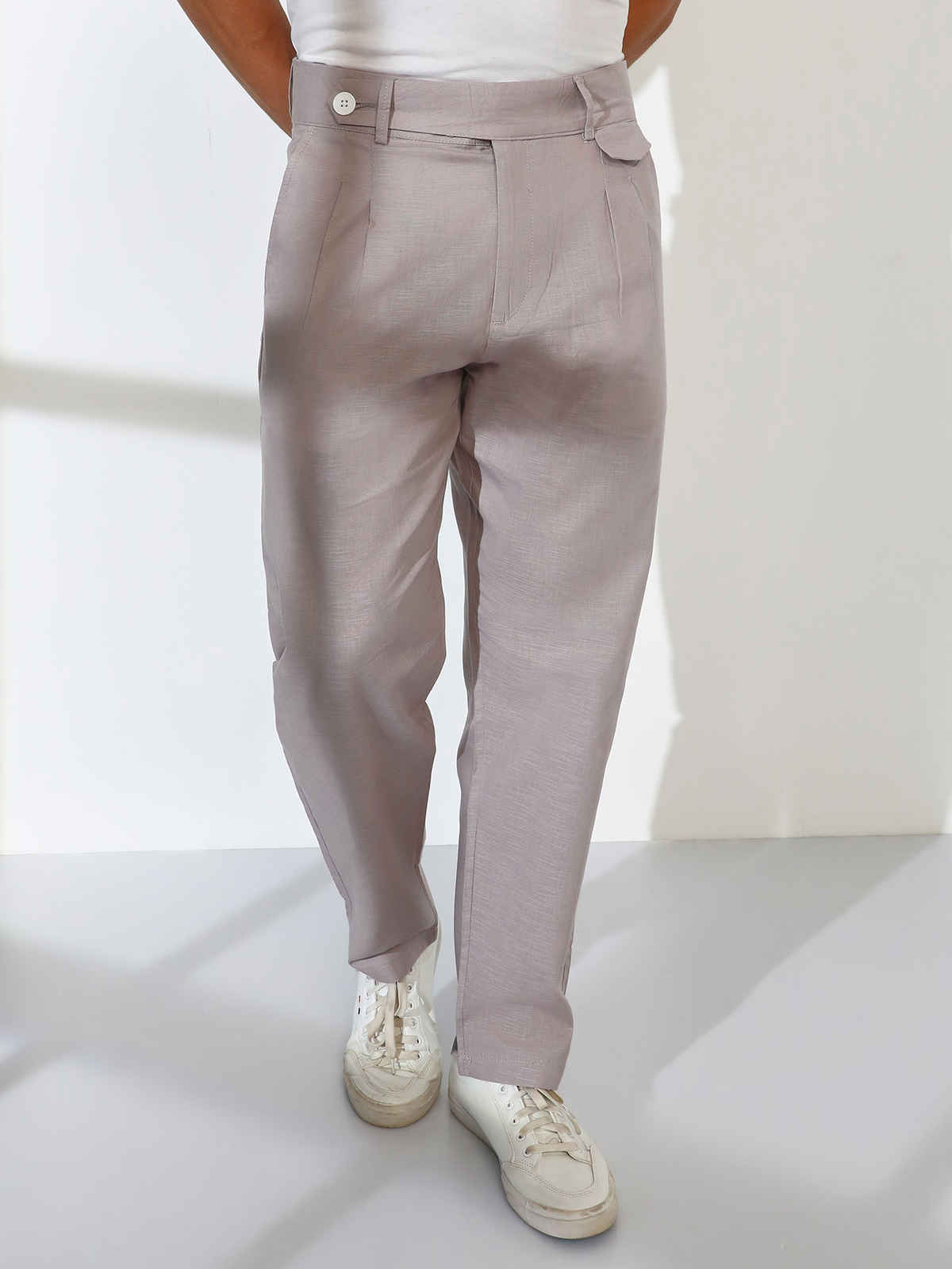 Campus Sutra Men's Tailored Linen-Blend Trousers | Grey - 36
