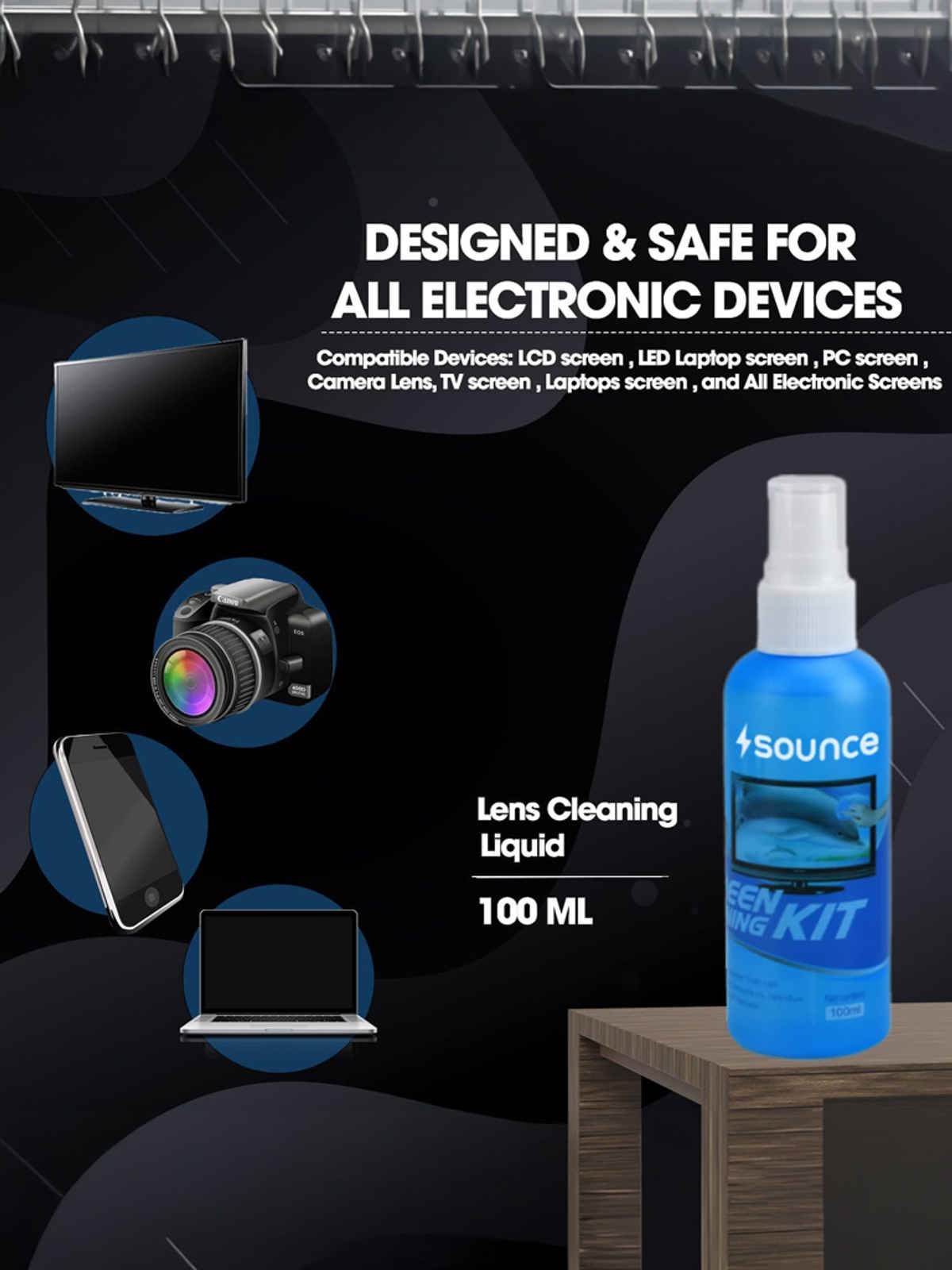 Sounce 3 in 1 Cleaning Set for Screen PC, Laptops, Monitors, Mobiles, LCD, LED, TV/Professional Quality/Prevents Static Electricity, 100ml with Micro Fiber Cloth and Soft Brush