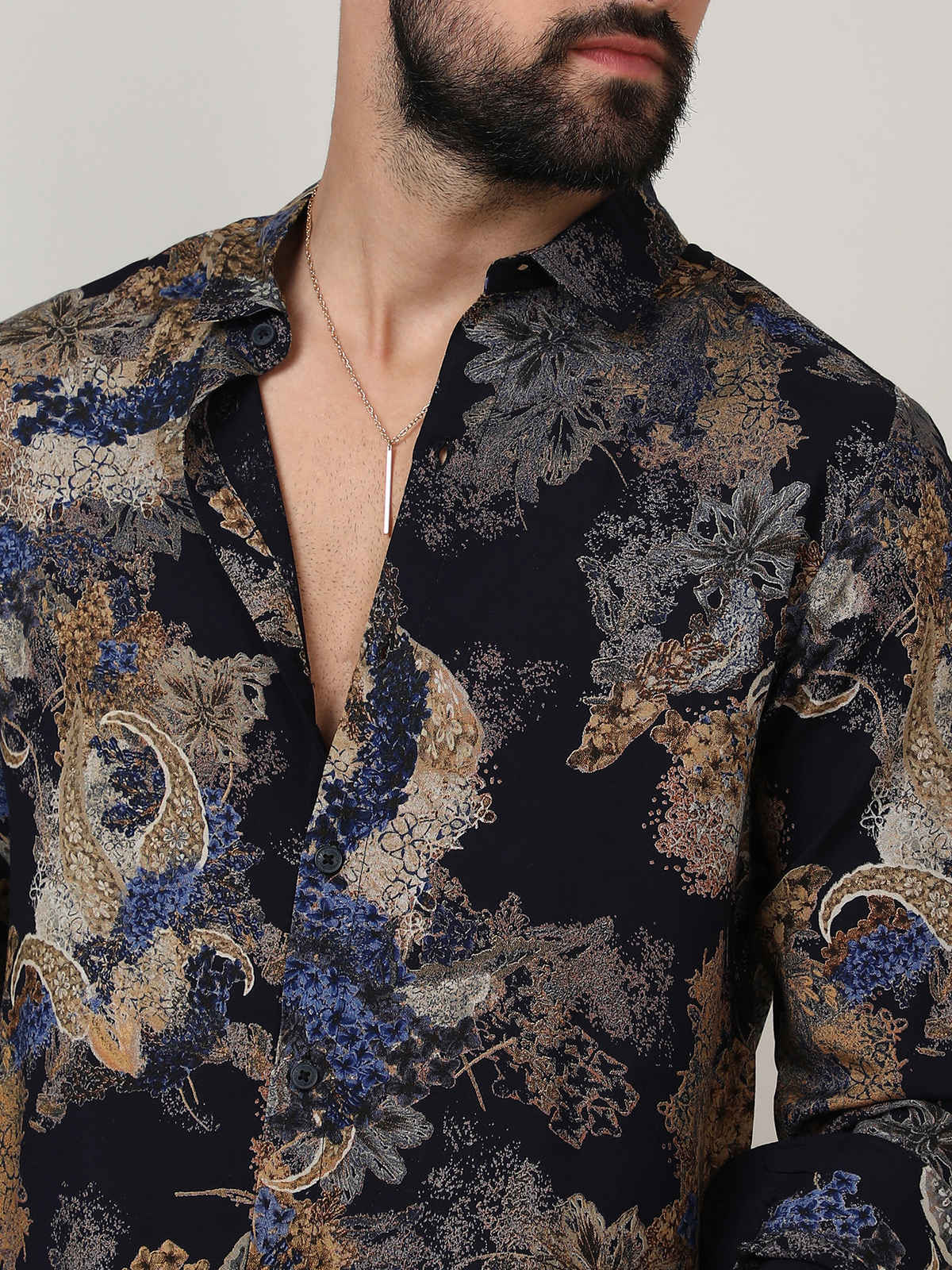 Campus Sutra Men's Paisley Flora Shirt | Royal Blue & Midnight Black - S