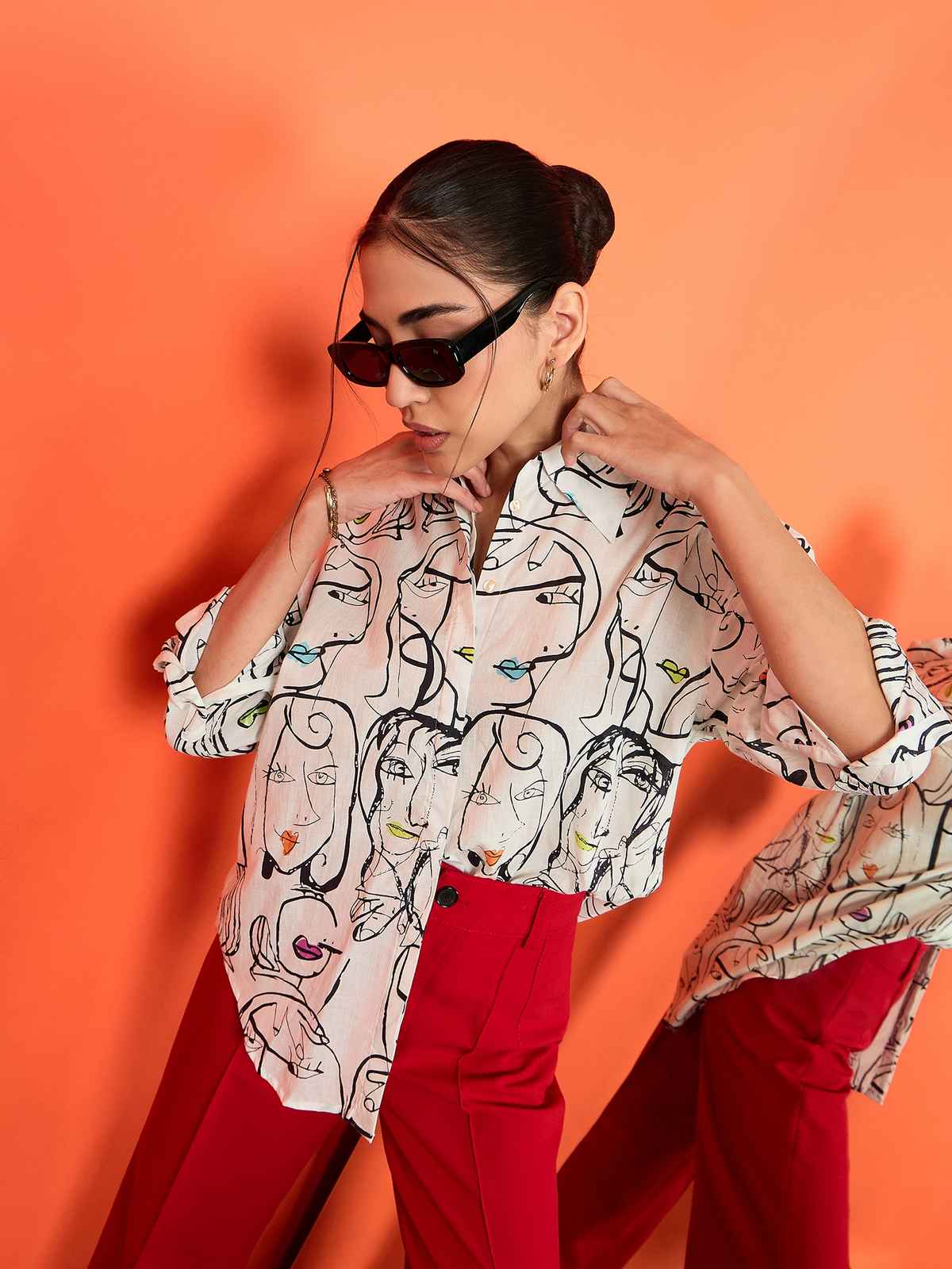 Uptownie Women's Printed Asymmetrical Cotton Shirt | White - L