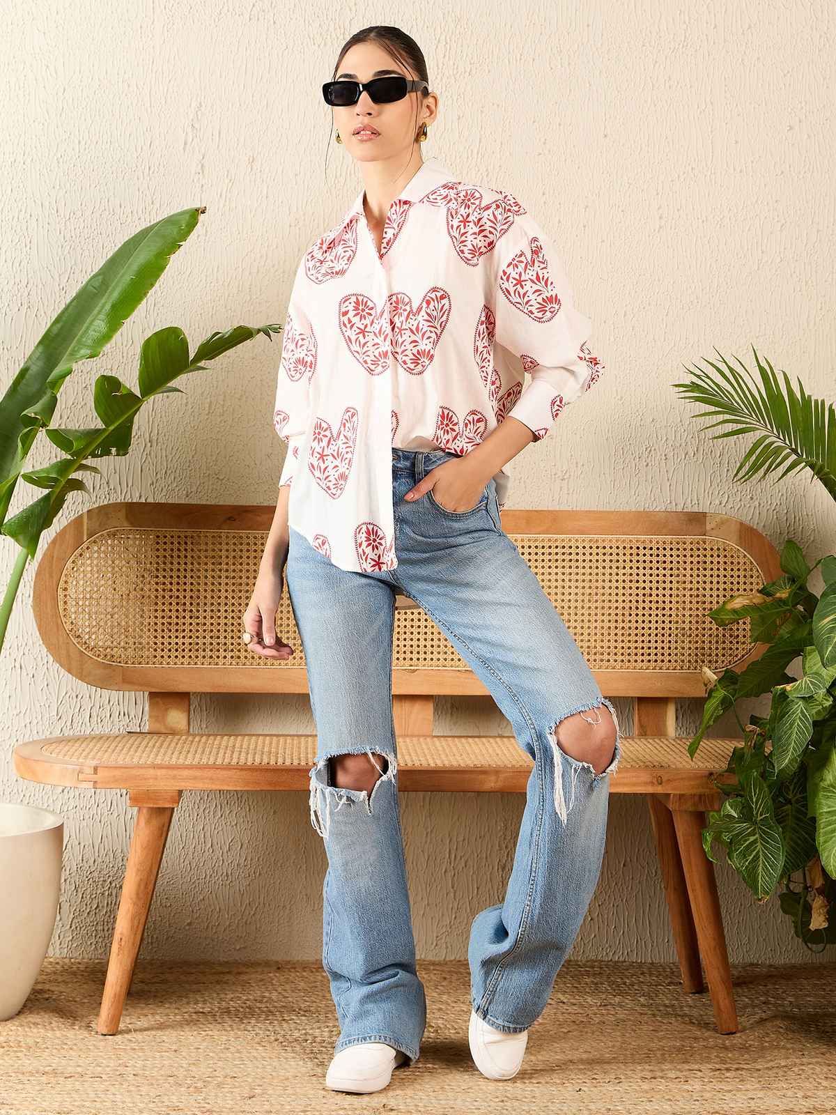 Uptownie Women's Printed Asymmetrical Cotton Shirt | White - L