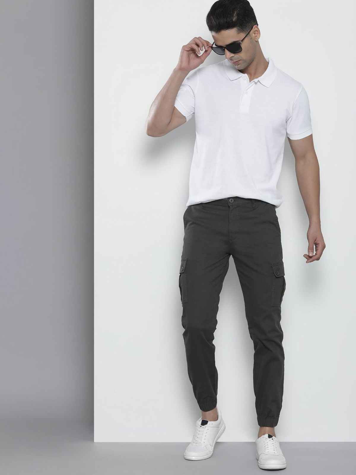 The Indian Garage Co Men's Slim Fit Solid Casual Cargos | Charcoal Black - 32
