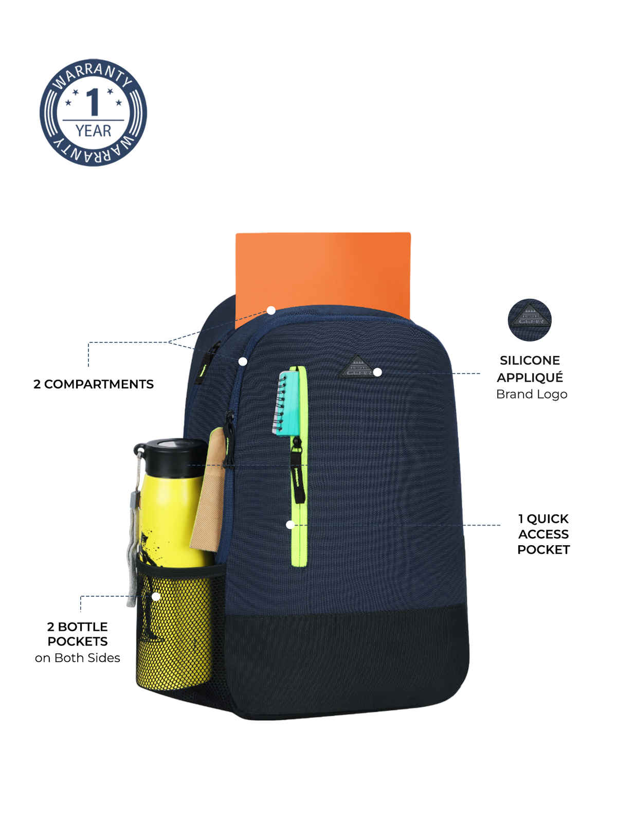 Gear Unisex Solid Polyester 25 Litres Top Handle Backpack | Navy - 15 Inches