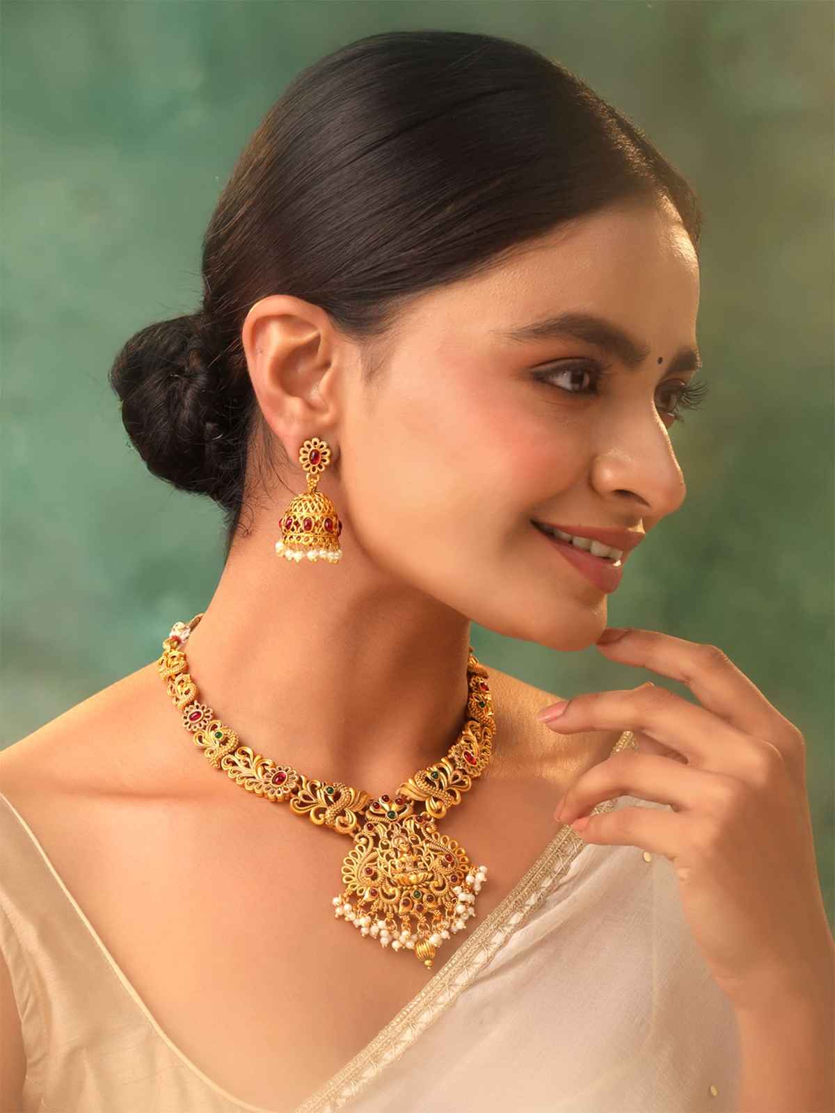 Yellow Chimes Gold-Plated Temple Necklace Set For Women