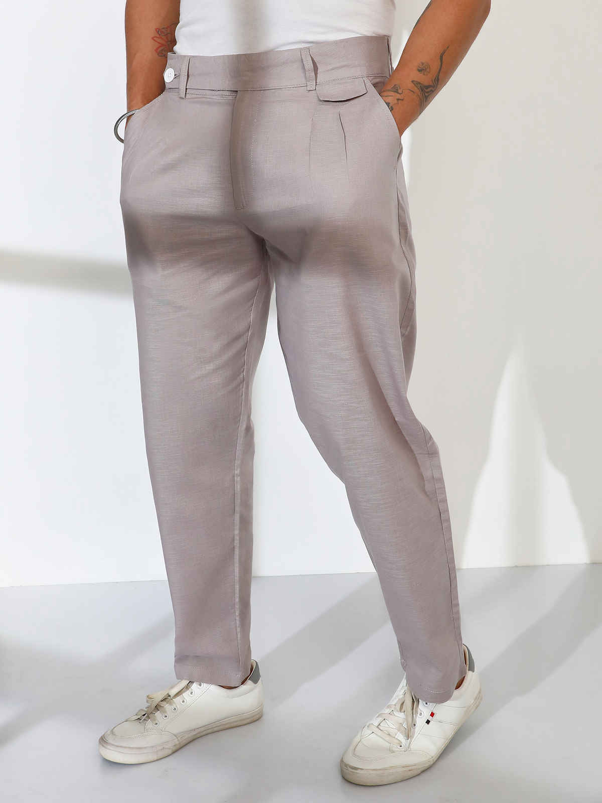 Campus Sutra Men's Tailored Linen-Blend Trousers | Grey - 36
