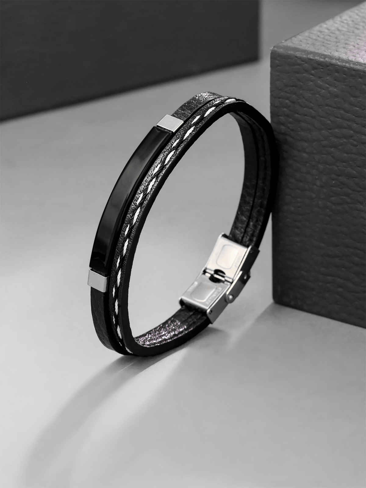 Yellow Chimes Black Leather Adjustable Anchor Wrist Band for Men