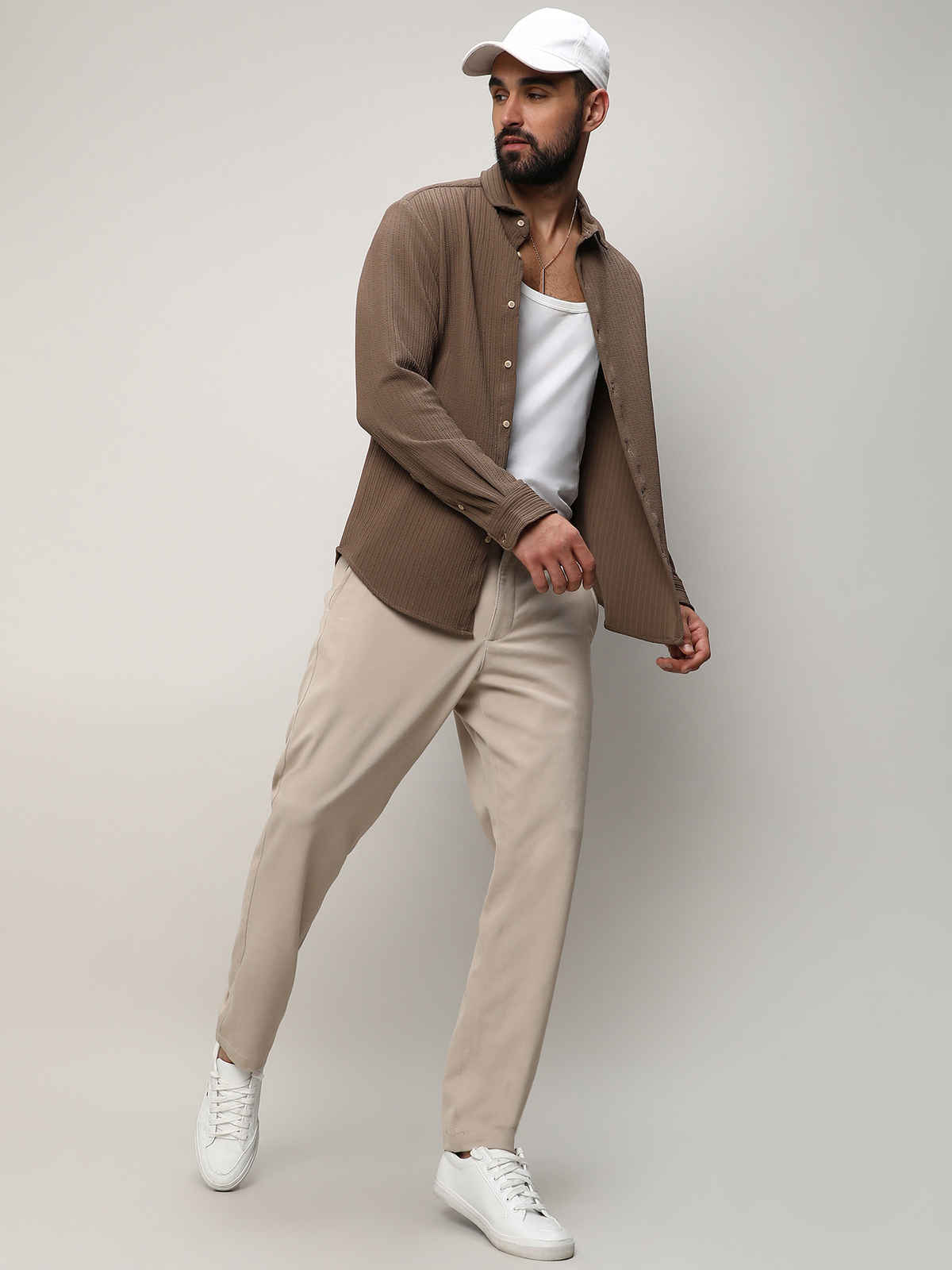 Campus Sutra Men's Polyester Stripe-Creased Shirt | Brown | L