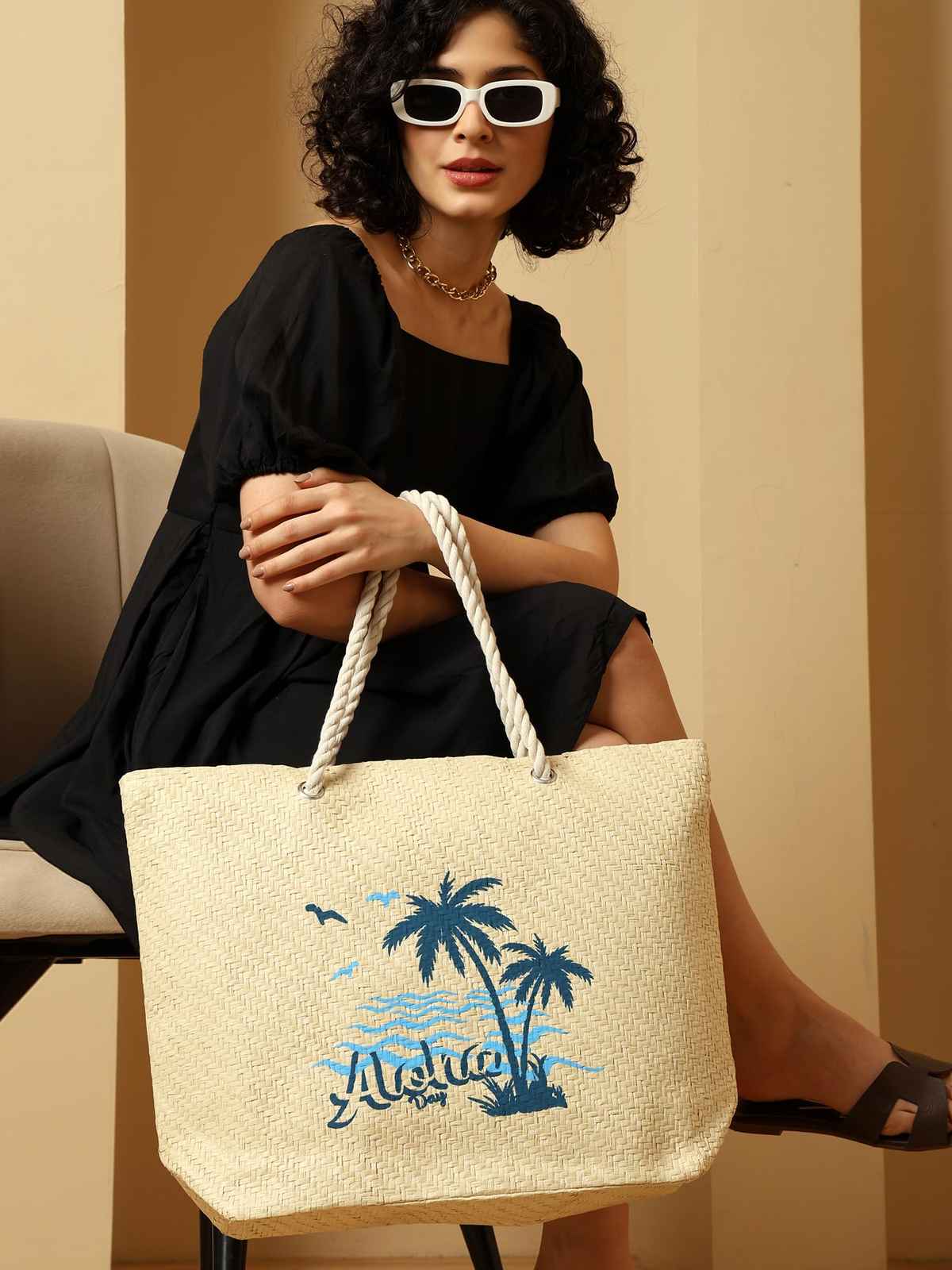 Ensac Aloha Beach Tote Bag for Women | Canvas Shopper Shoulder Bag | Daily Use | White