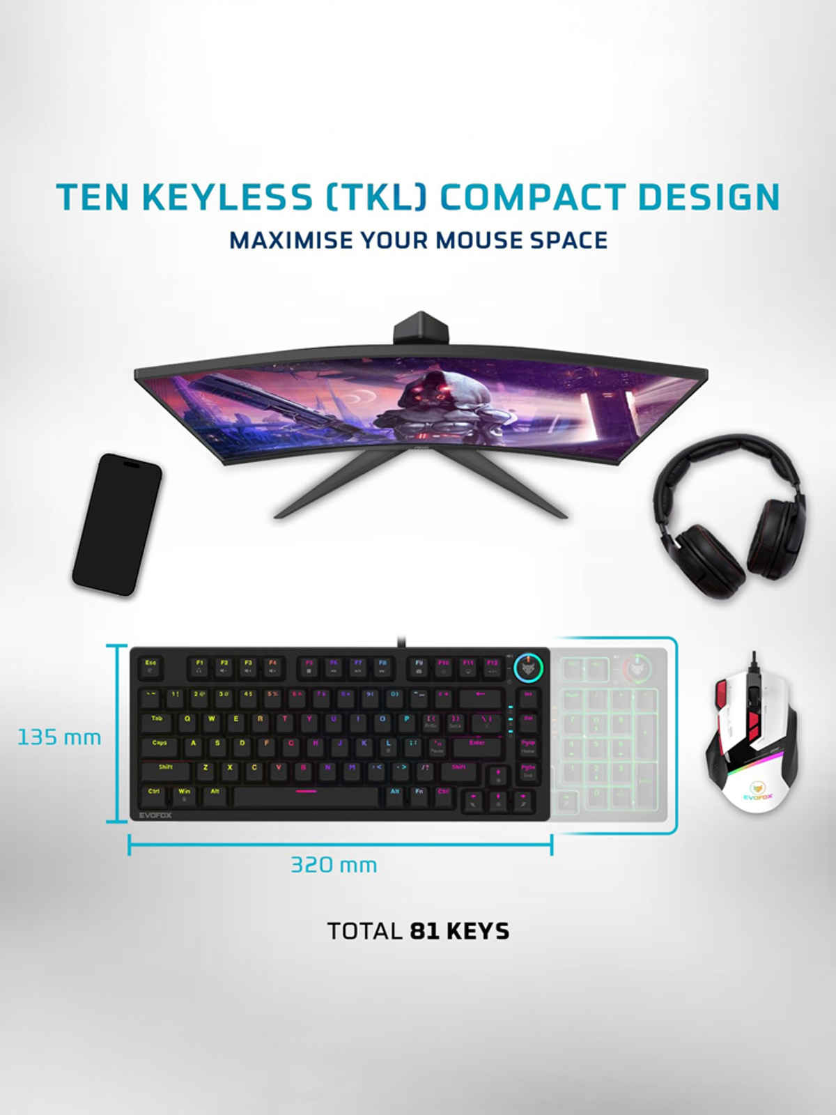 EvoFox Katana X2 TKL Wired Mechanical Gaming Keyboard Blue Switch - Black