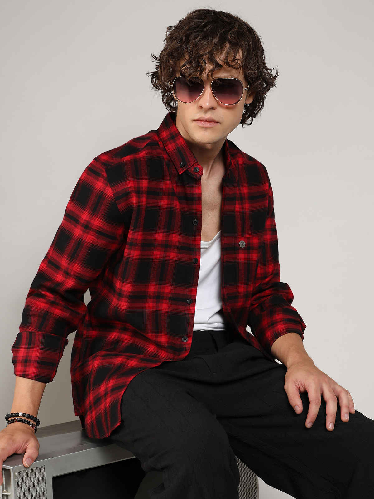 Campus Sutra Men's Brushed Buffalo Check Shirt | Midnight Black & Scarlet Red - M