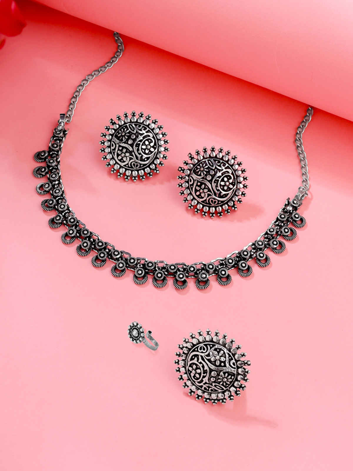 Yellow Chimes German Oxidised Silver Contemporary Design Ethnic Jewellery Choker Necklace Set