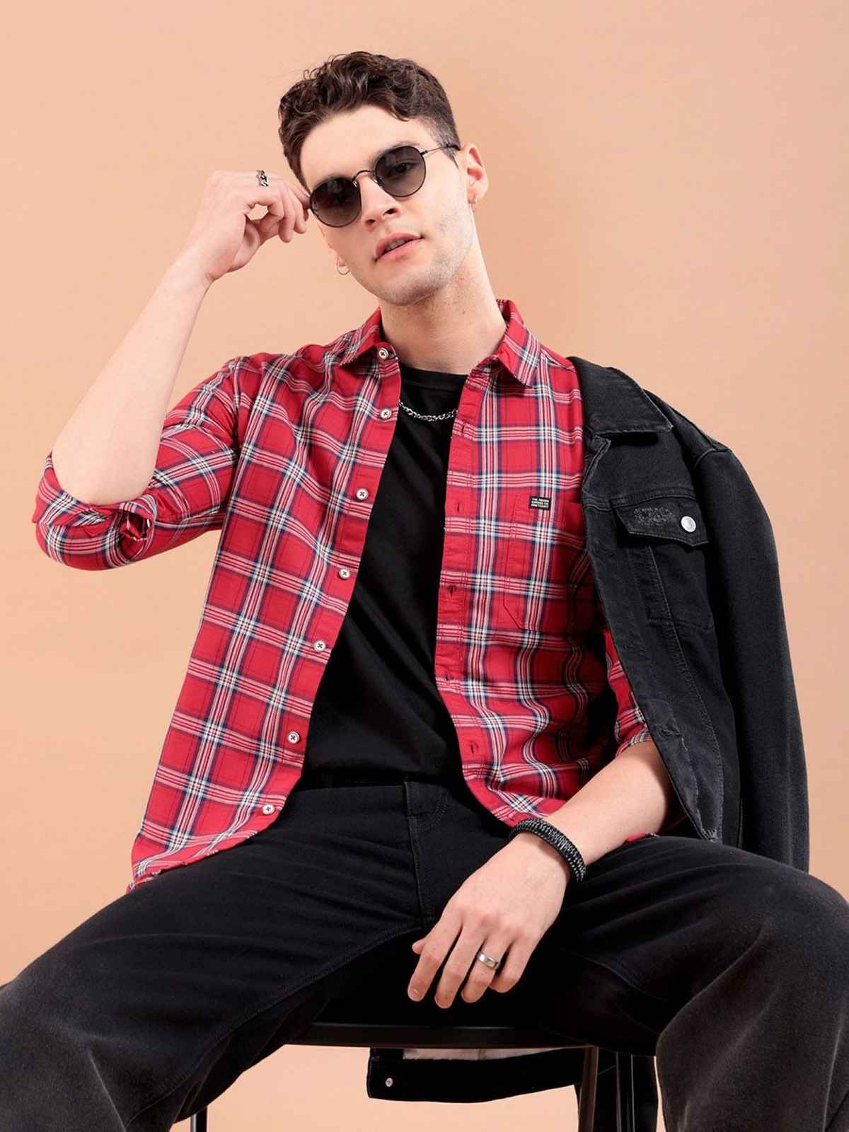 The Indian Garage Co Men's Slim Fit Checked Casual Shirt | Red - M