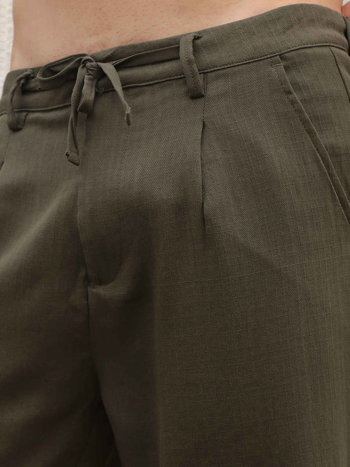 Campus Sutra Men's Tailored Linen-Blend Trousers | Olive Green - 36