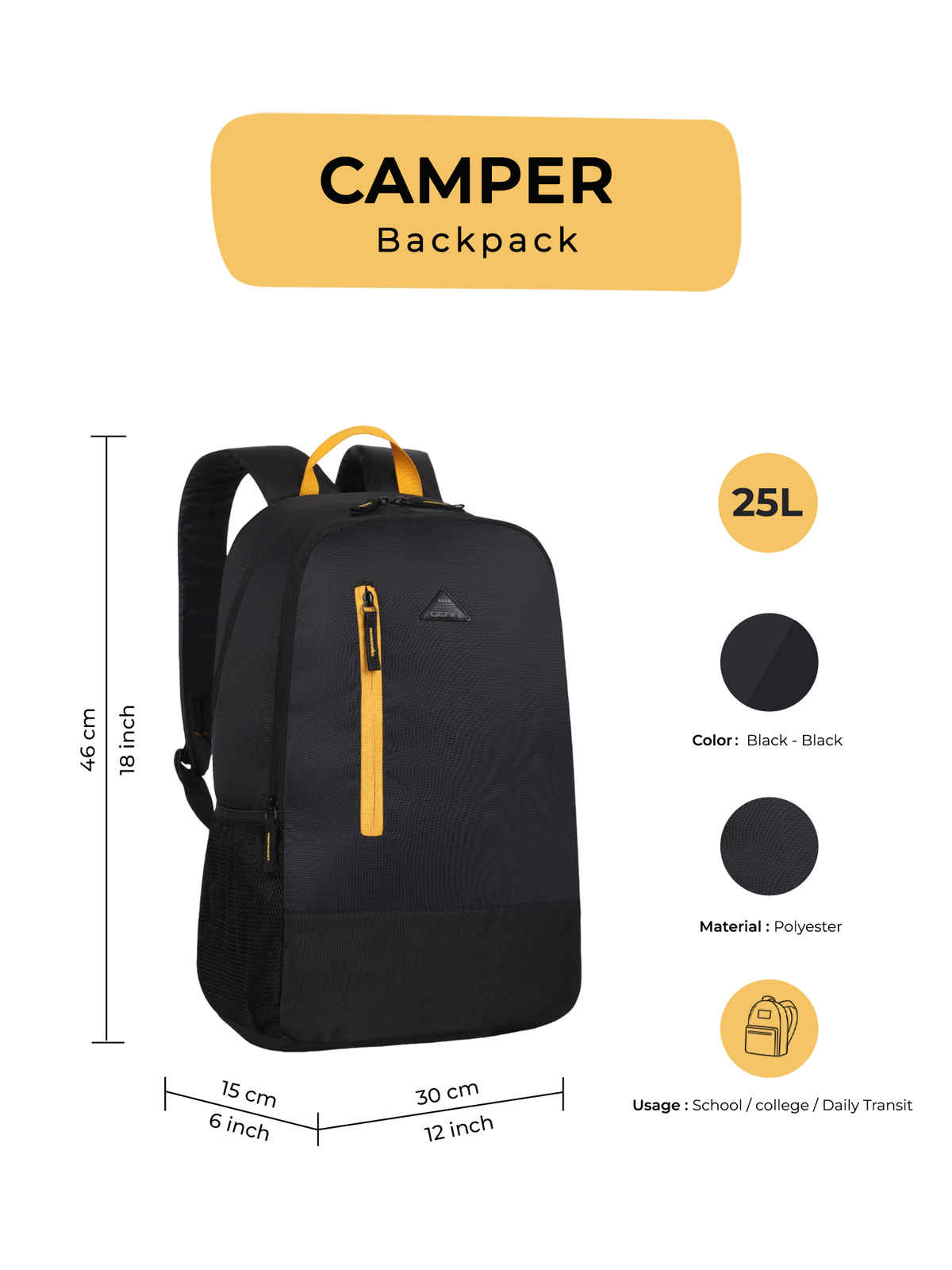 Gear Unisex Solid Polyester 20 L Padded Grab Handle Backpack | Black - M