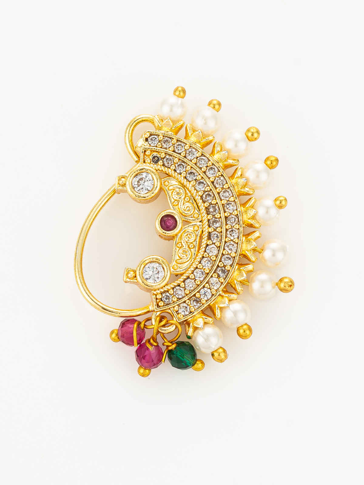 Aadita Classic Maharashtrian Nath with Full Pearl Edging and Ornamental Stones Nose Pin | NAT4136