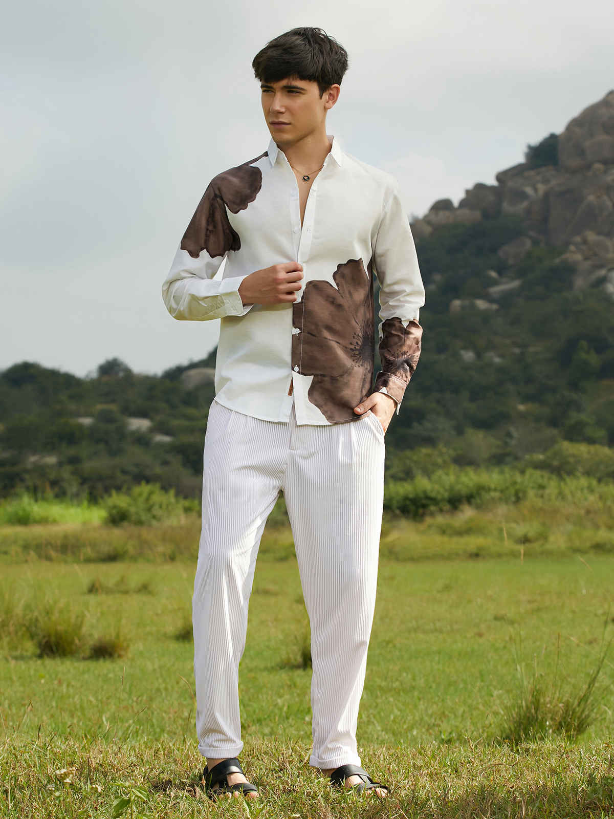 Campus Sutra Men's Primrose Flora Shirt | Ash Brown - S