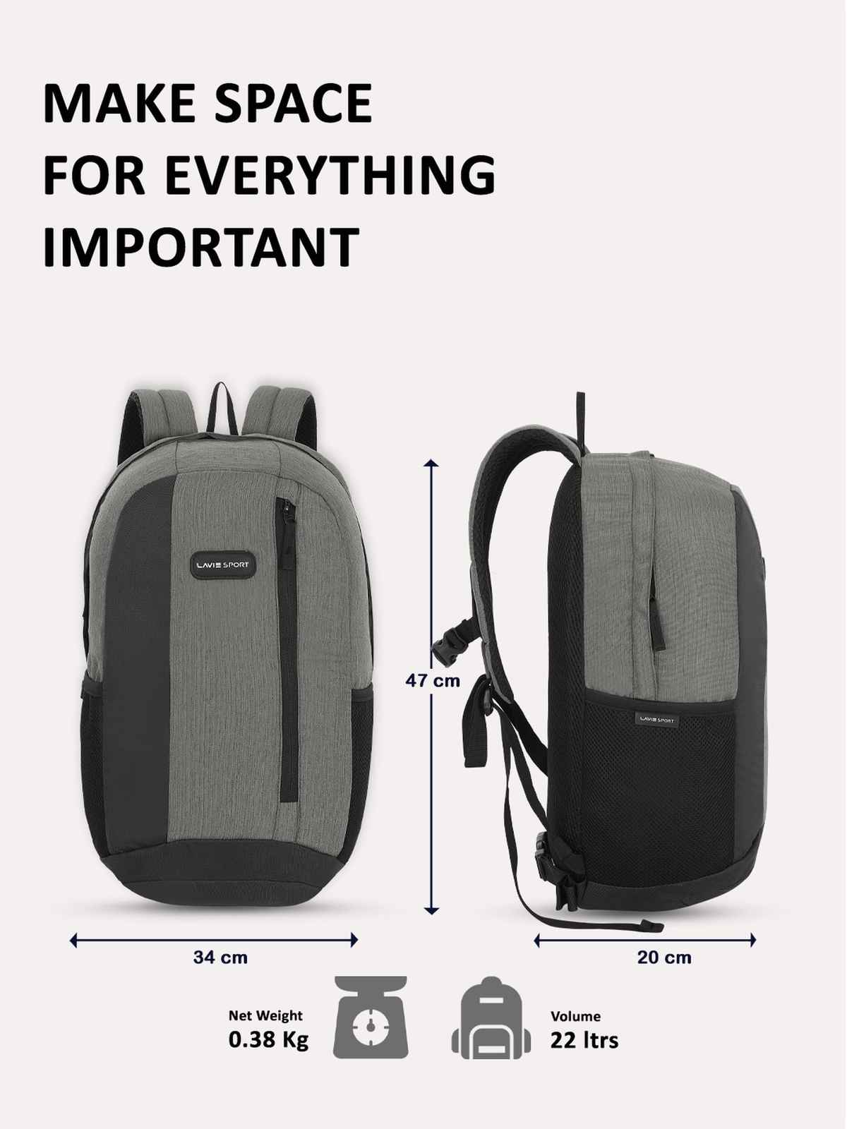 Lavie Sport 22L Edge Casual Backpack For Girls And Boys|Men & Women (Grey)