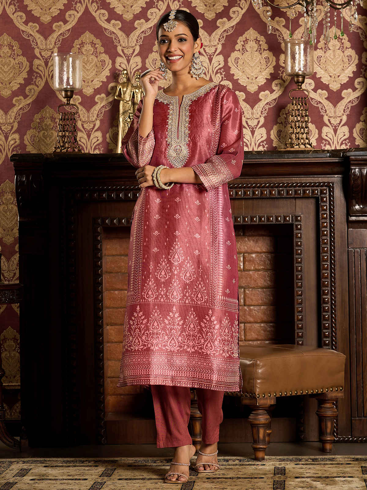INDO ERA Women's Straight Kurta Pant with Dupatta Set | Pink | 2XL