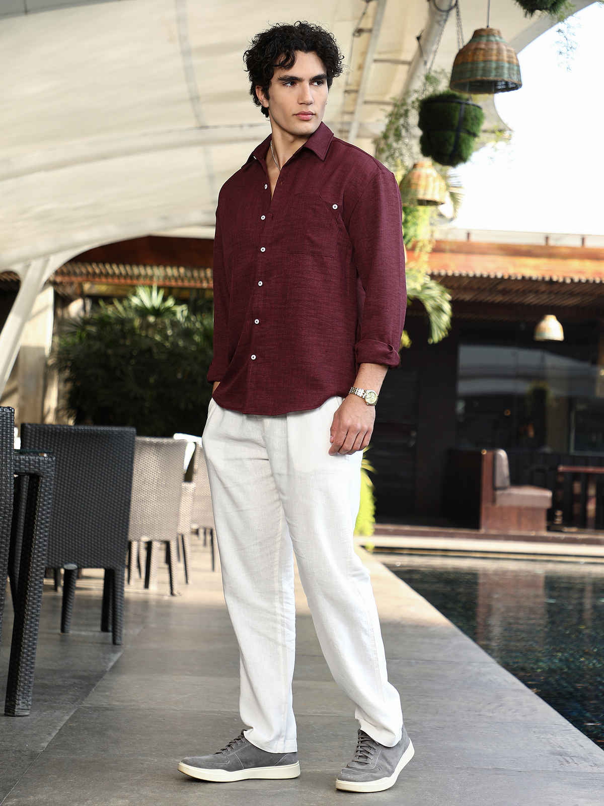Campus Sutra Men's Modular Solid Oversized Shirt | Wine Red - S