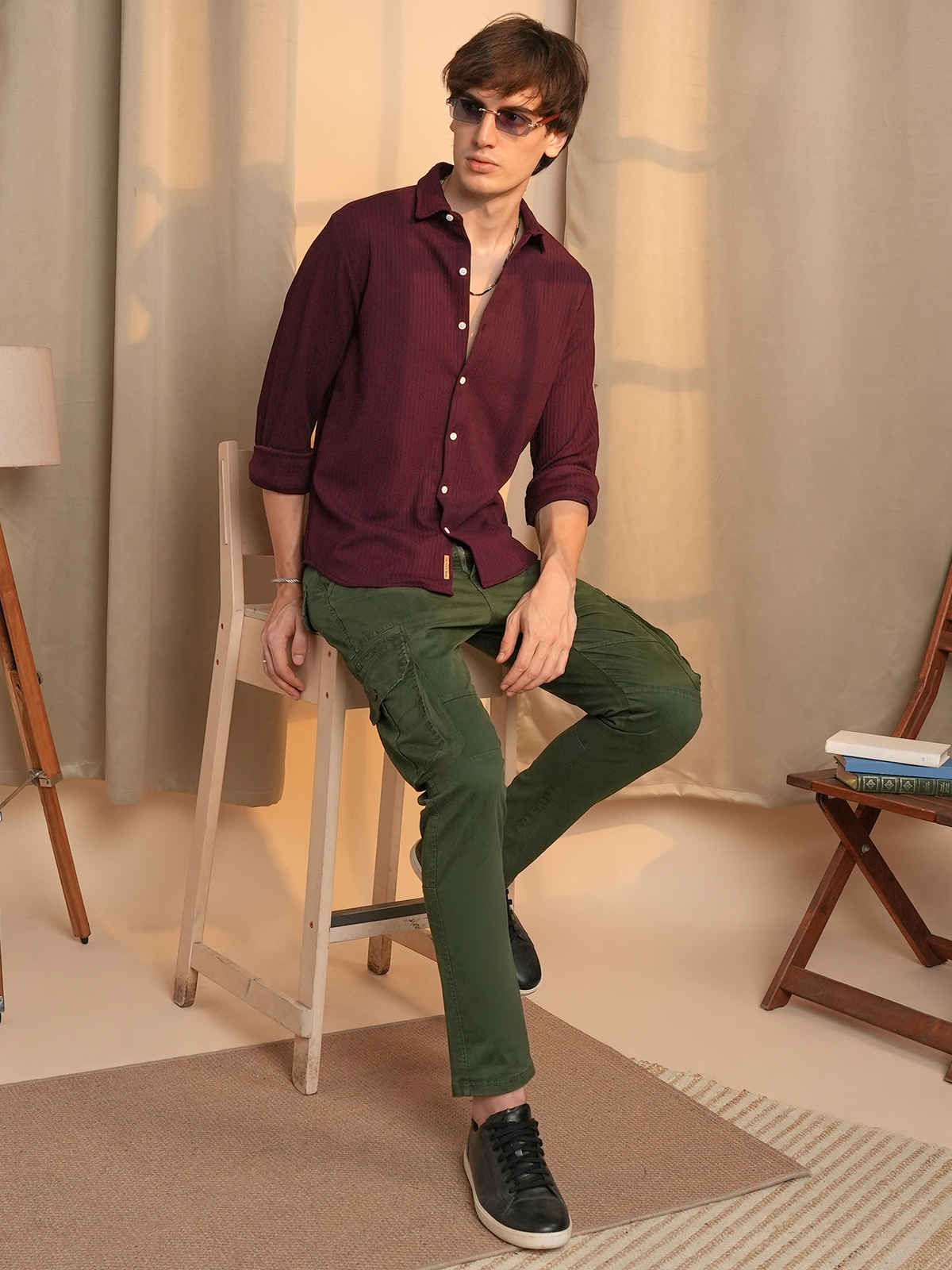 Campus Sutra Men's Stripe-Creased Shirt | Maroon Red - S