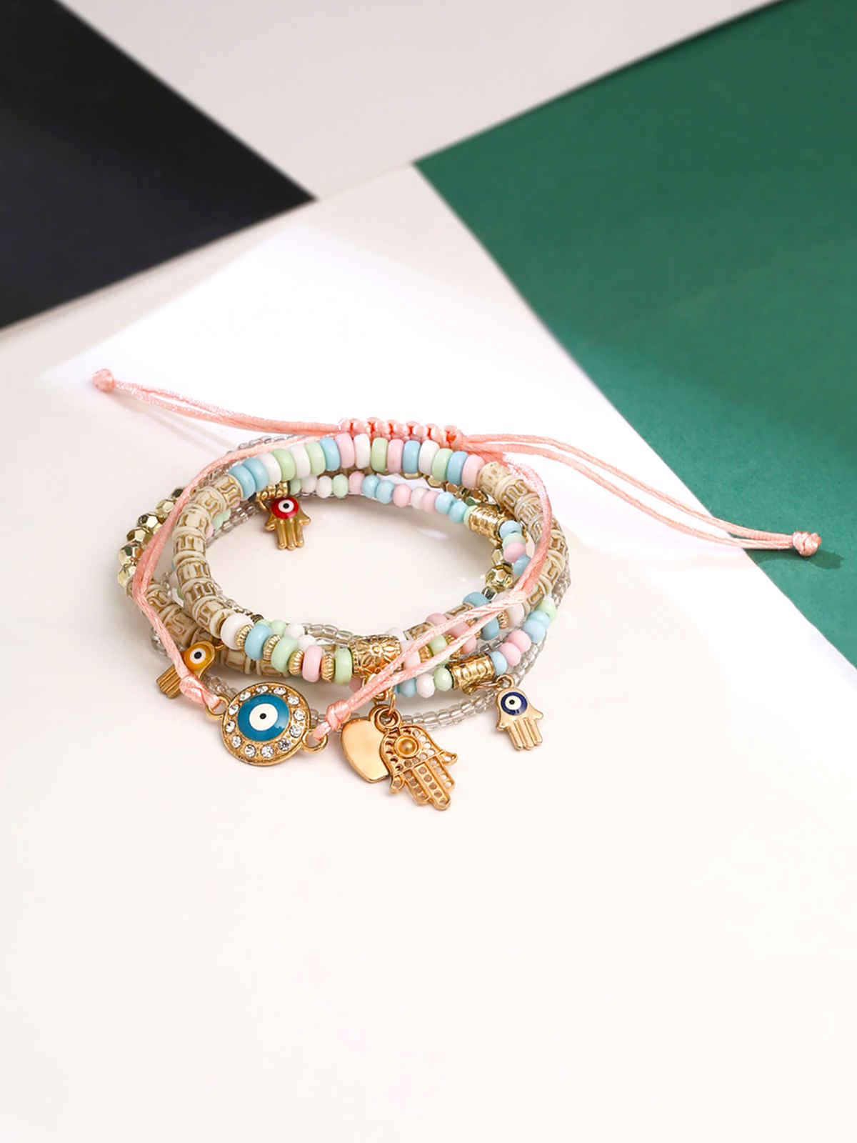 Yellow Chimes 5 PCs Beads Multicolour Gold Plated Stretchable Bracelet Set