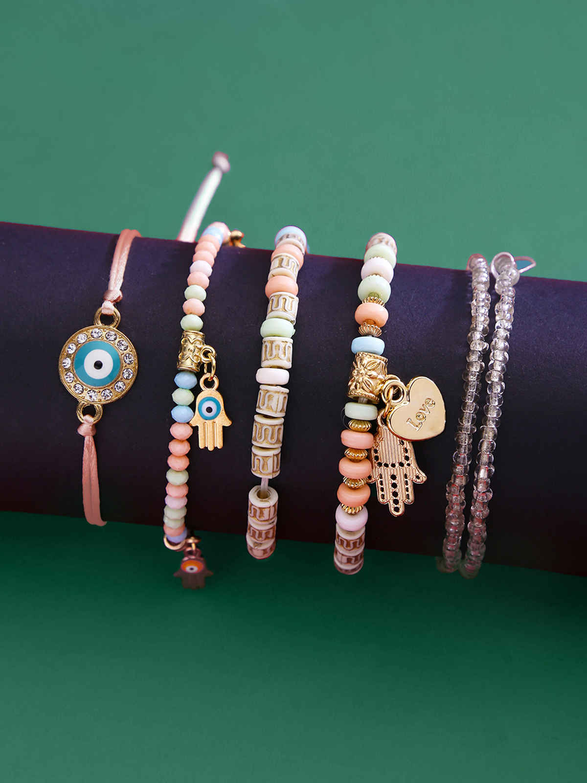 Yellow Chimes 5 PCs Beads Multicolour Gold Plated Stretchable Bracelet Set